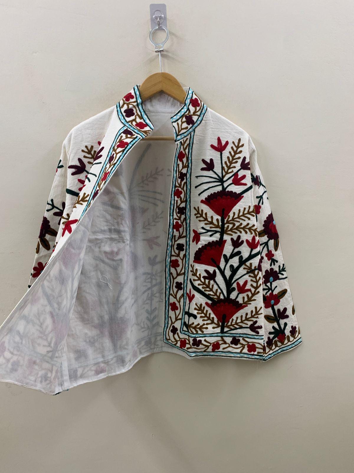White Suzani TNT Fabric Short Boho Jacket | Long Sleeve Button Winter Coat | Short Jacket | Spring Bomber Jacket | Gift For Her
