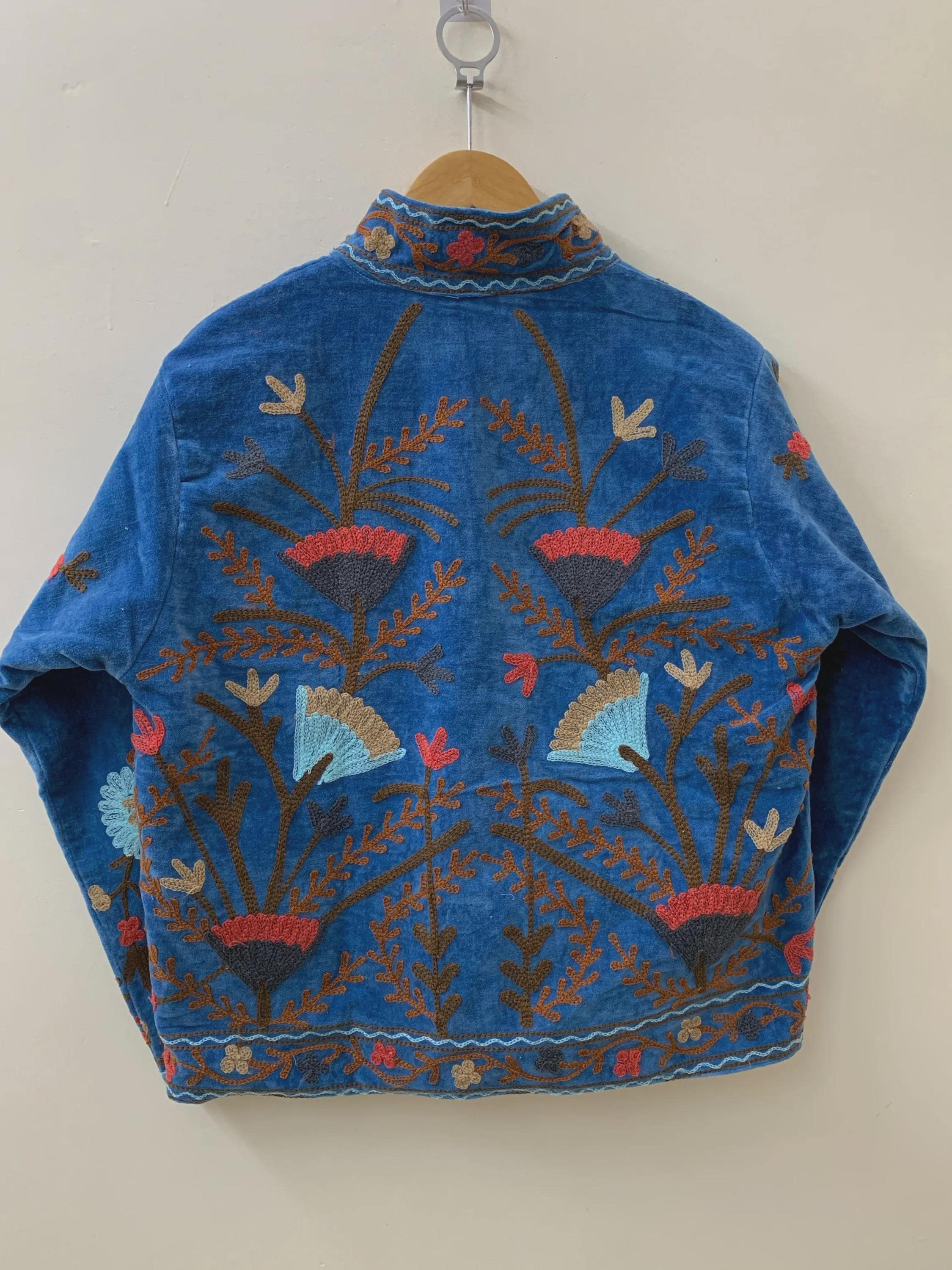Blue Embroidery Suzani Velvet Short Jacket, Indian Handmade Floral Coat, Unisex Bridesmaid Gift, Winter Jacket, Women's Coat, Suzani Jacket