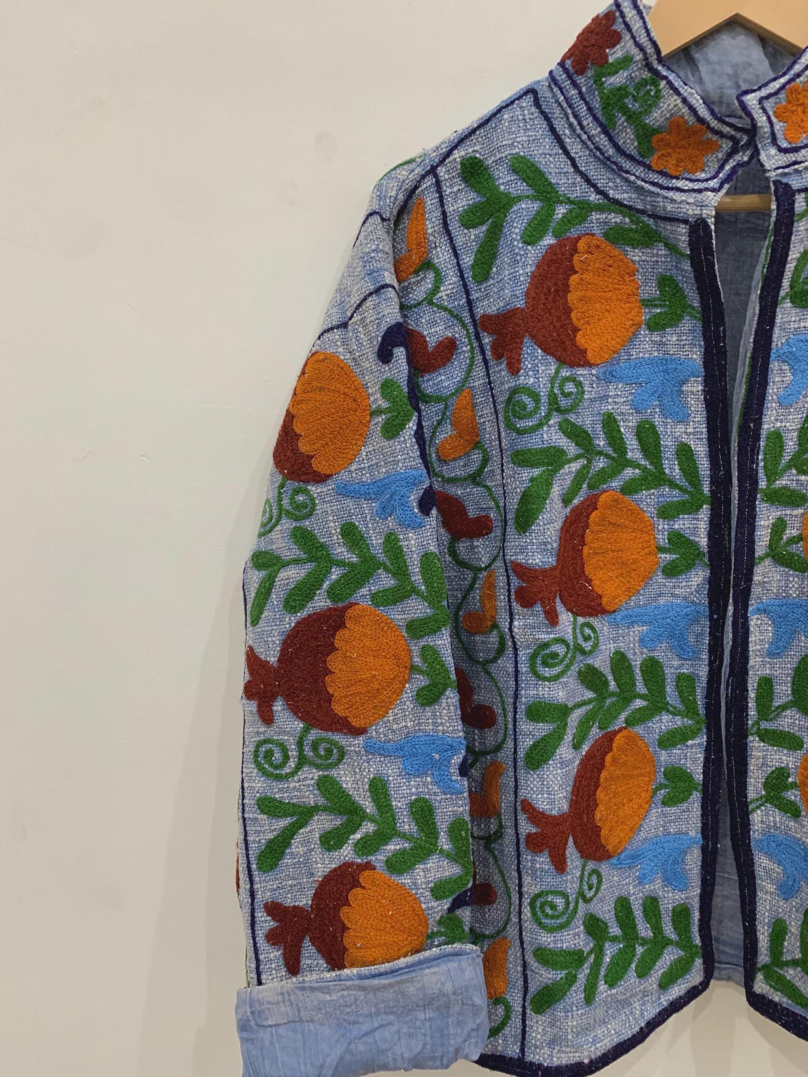 Grey Cotton Suzani Hand Embroidered Jacket: Boho Ethnic Clothing, Embroidery Coat, Suzani Cotton Boho Jacket, Gift For Her, Boho Suzani Coat