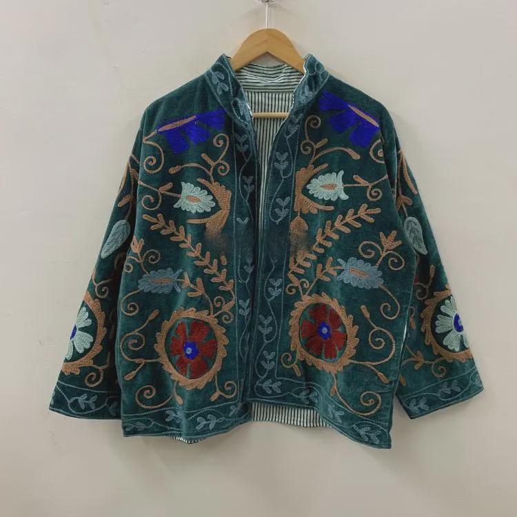 Hand Embroidered Velvet Suzani Jacket | Short Boho Gypsy Autumn Coat | Women's Floral Outerwear | Gift for Her | Kimono Duster Jacket
