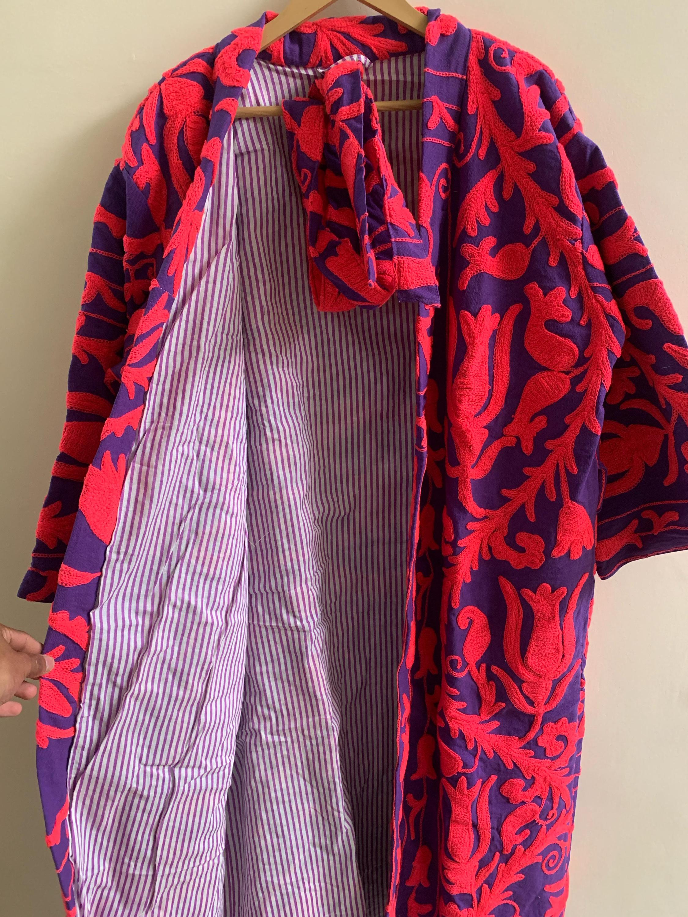Embroidered Kimono Jacket Gift for Her | Unisex Boho Kimono | Purple Cotton Canvas Robe | Handmade Duster | Beach Cover Up | Festival Wear