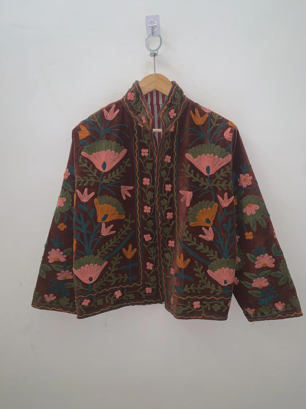 Boho Suzani Velvet Kimono Jacket | Embroidered Short Jacket | Vintage Ethnic Outerwear | Cropped Coat Fit | Winter Wear | Gift for Her