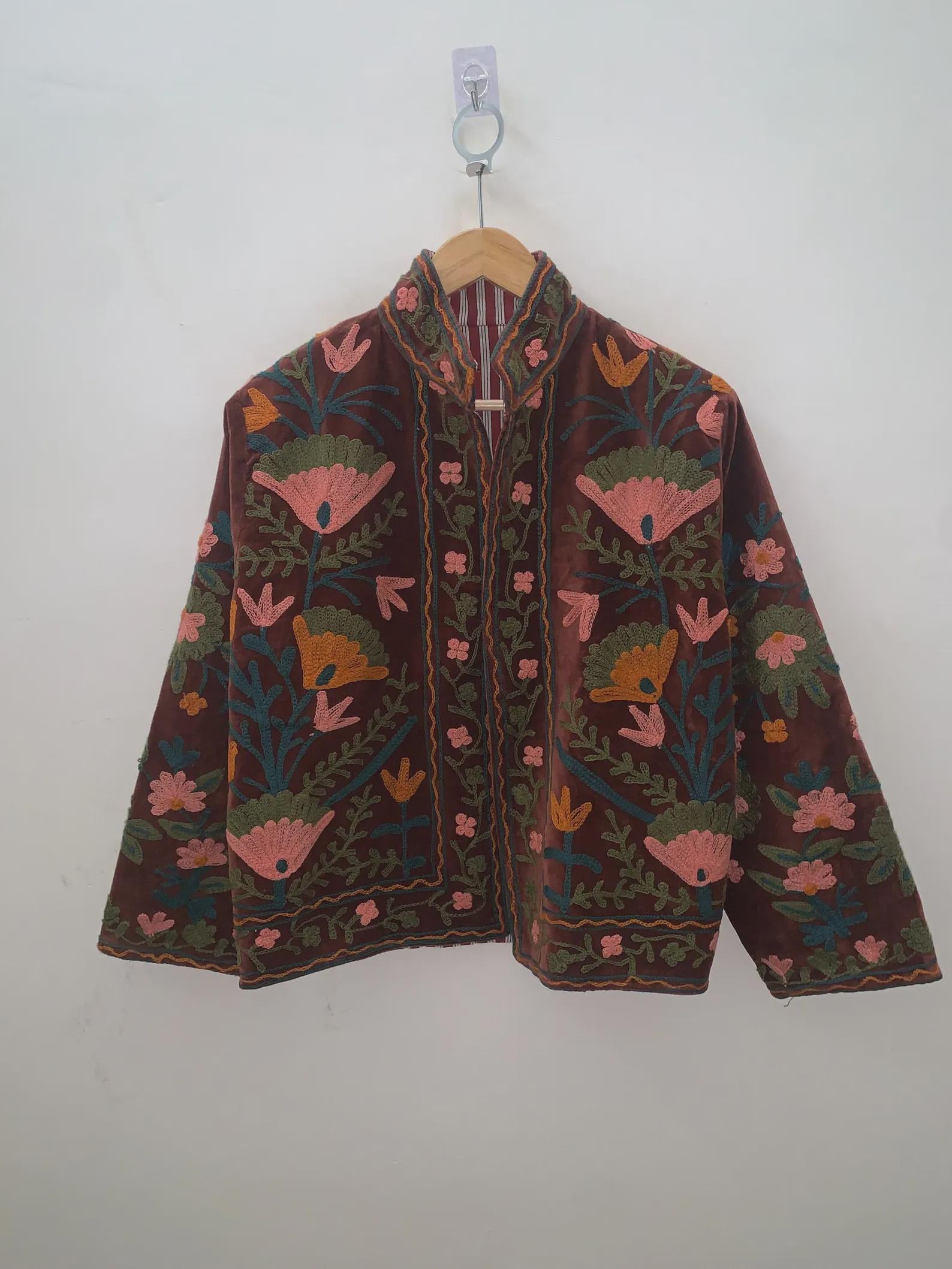 Boho Suzani Velvet Kimono Jacket | Embroidered Short Jacket | Vintage Ethnic Outerwear | Cropped Coat Fit | Winter Wear | Gift for Her