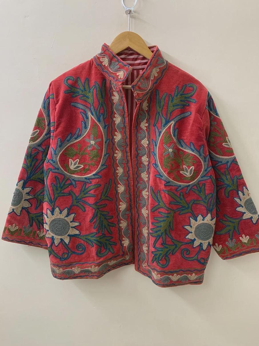 Handmade Floral Suzani Embroidered Velvet Jacket, Bohemian Winter Coat, Suzani Duster Jacket, Partywear Coat, Boho Outerwear, Gift For Her