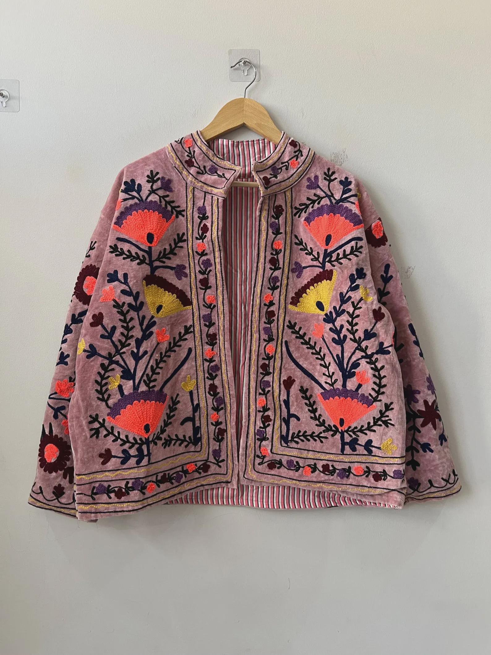 Velvet Suzani Hand Embroidered Jacket | Partywear Tailored Jacket |Bomber Coat | Hippie Jacket | 70s Style Coat | Gift For Her | Winter Coat