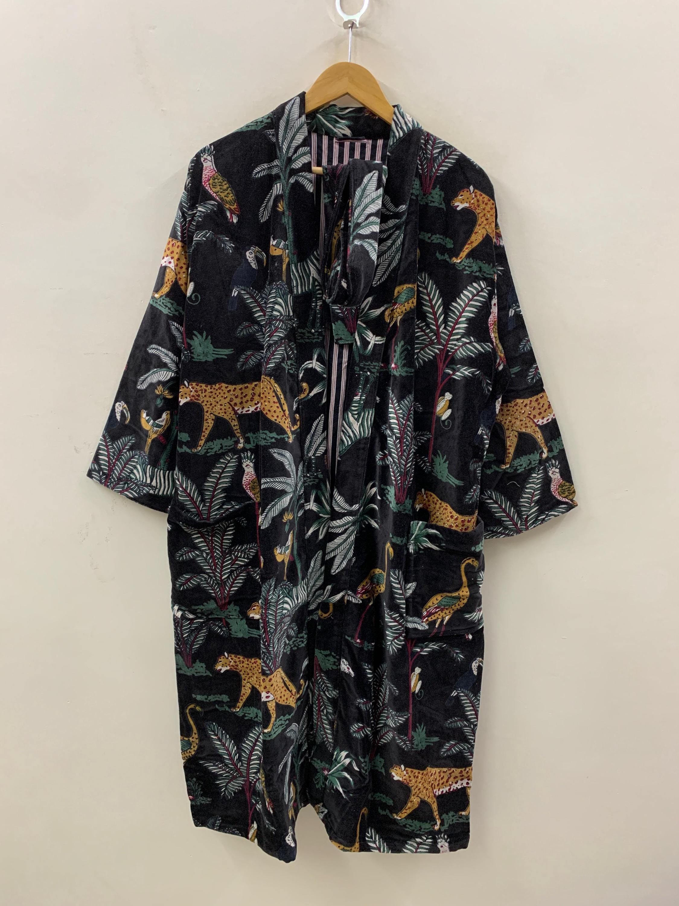 Jungle Print Velvet Kimono | Black Safari Loungewear |Cheetah & Tropical Animal Print Robe |Unisex Boho Kimono Jacket |Statement Resort Wear