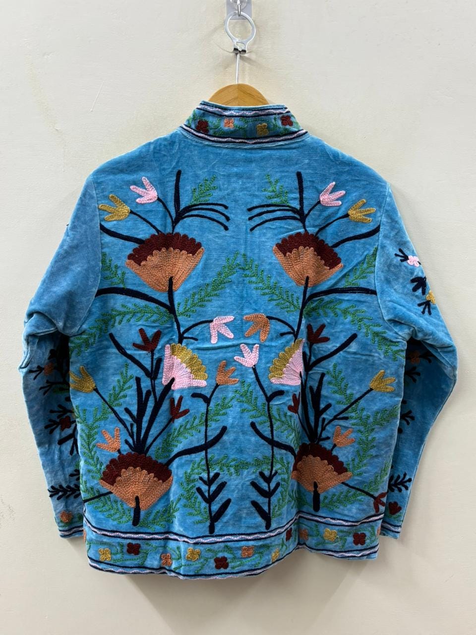Blue Hand-Embroidered Suzani Velvet Jacket, Boho Festival Coat, Gift For Her