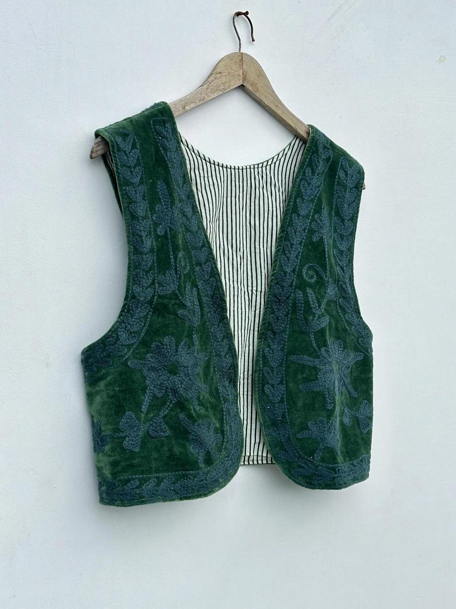 Boho Suzani Velvet Vest | Hand Floral Sleeveless Jacket | Vintage Inspired Festival Statement Layer | Green Ethnic Waistcoat | Gift for Her