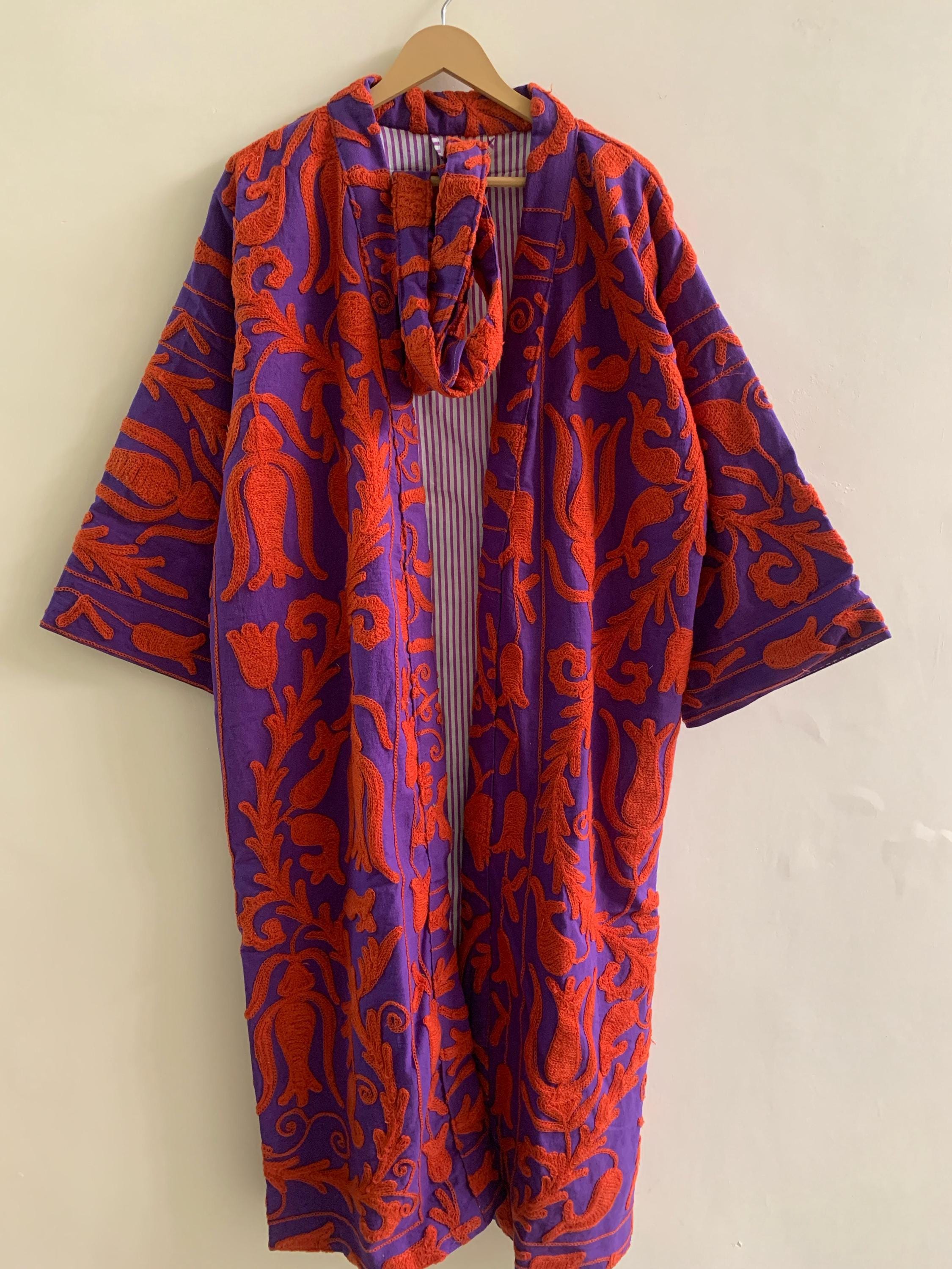 Embroidered Kimono | Unisex Kimono Jacket | Cotton Canvas Robe | Beach Cover Up | Gift for Her| Purple & Red Festival Jacket | Gift For Her