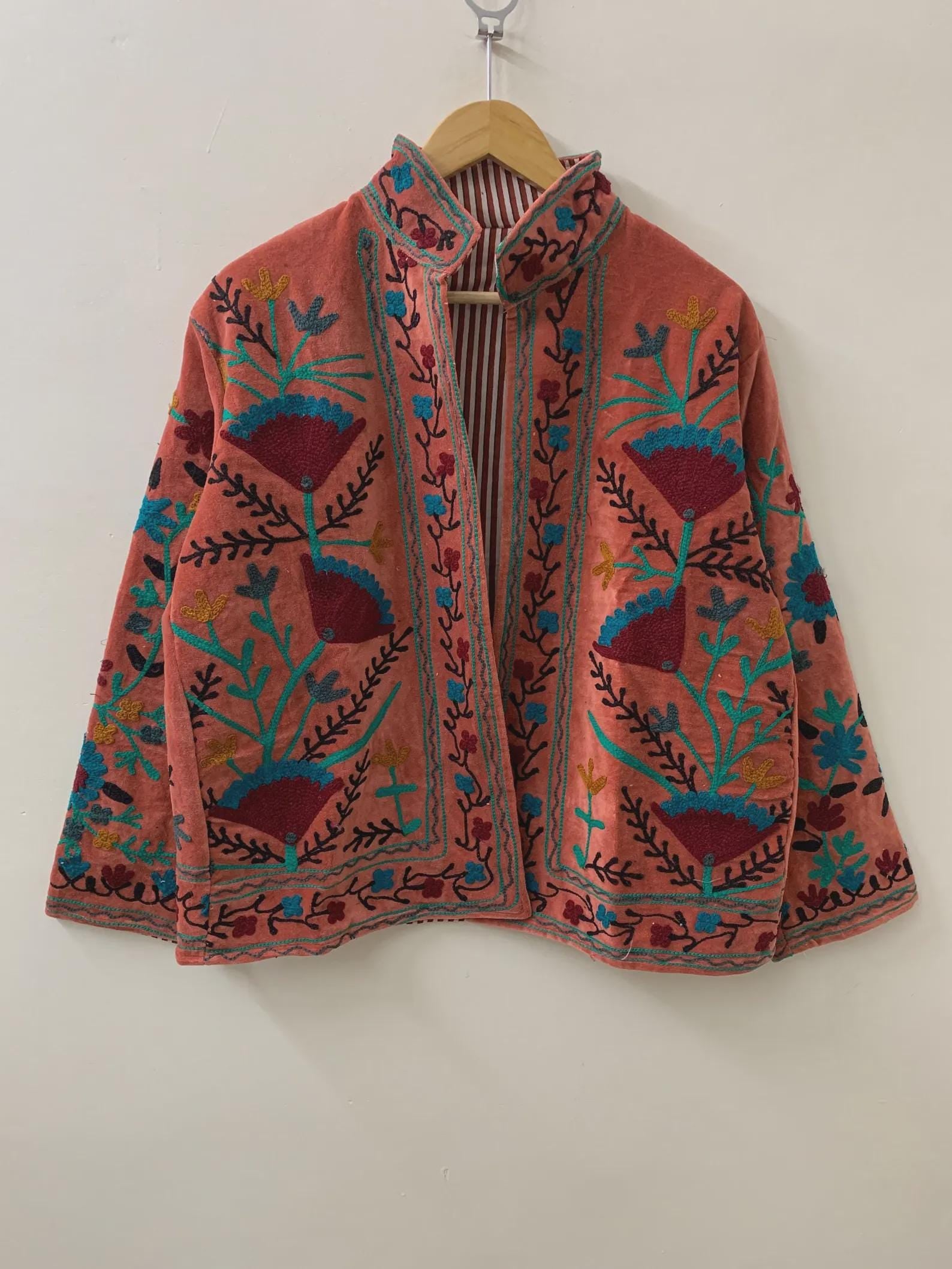Handmade Suzani Embroidered Velvet Winter Jacket | Ethnic Boho Festival Coat | Short Kimono Outerwear | Gift for Her