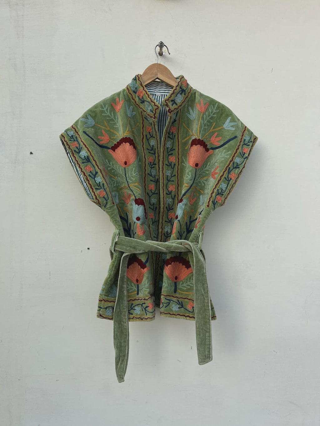 Green Velvet Suzani Vest with Belt | Handmade Boho Festival Waistcoat | Ethnic Embroidered Suzani Jacket | Sleeveless Bohemian Vest