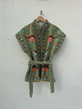 Green Velvet Suzani Vest with Belt | Handmade Boho Festival Waistcoat | Ethnic Embroidered Suzani Jacket | Sleeveless Bohemian Vest
