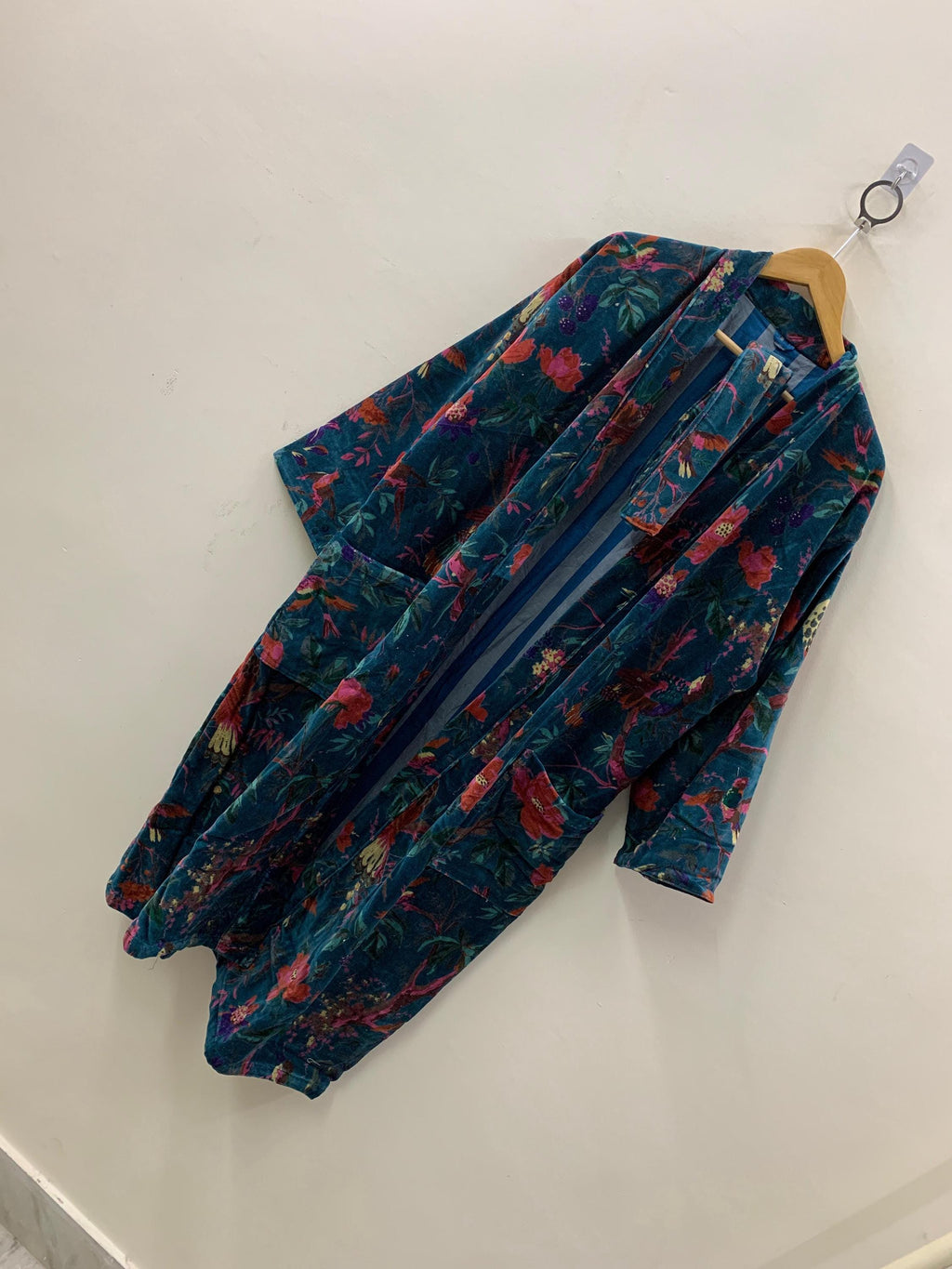 Blue Jungle Velvet Kimono Robe | Tropical Animal Print Loungewear | Cheetah & Bird Pattern |Safari Dressing Gown with Belt | Women's Kimono
