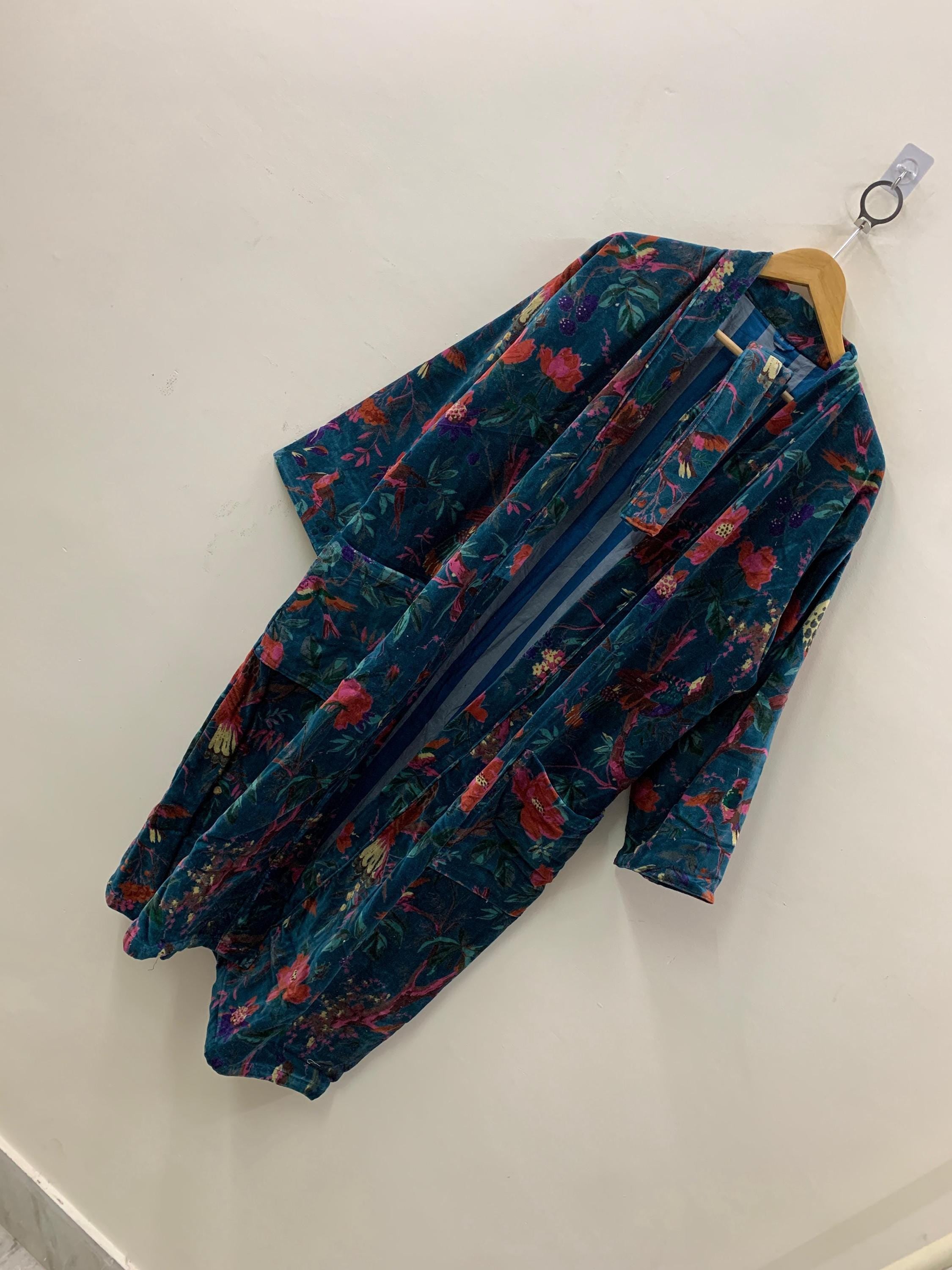 Blue Jungle Velvet Kimono Robe | Tropical Animal Print Loungewear | Cheetah & Bird Pattern |Safari Dressing Gown with Belt | Women's Kimono