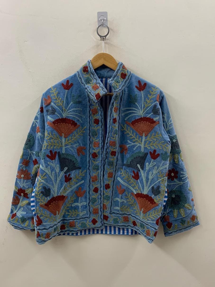 Boho Suzani Velvet Short Jacket | Vintage Button Winter Coat | Short Ethnic Jacket | Spring Bomber Jacket | Gift For Her | Suzani Outerwear