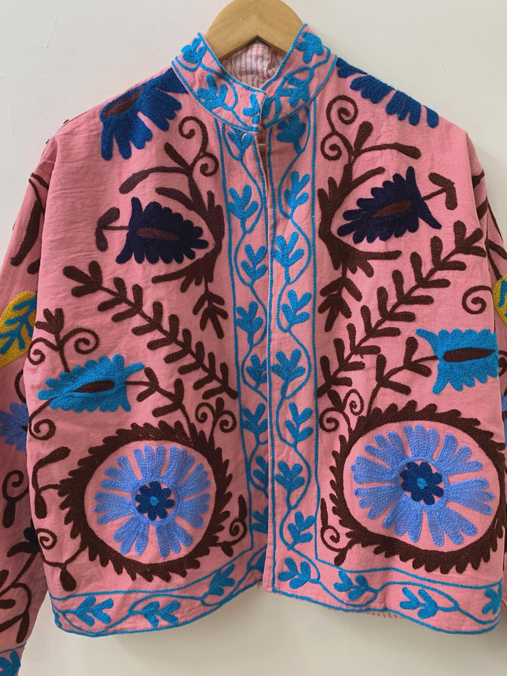 Handmade Pink Cotton Suzani Jacket | Embroidered Floral Boho Coat