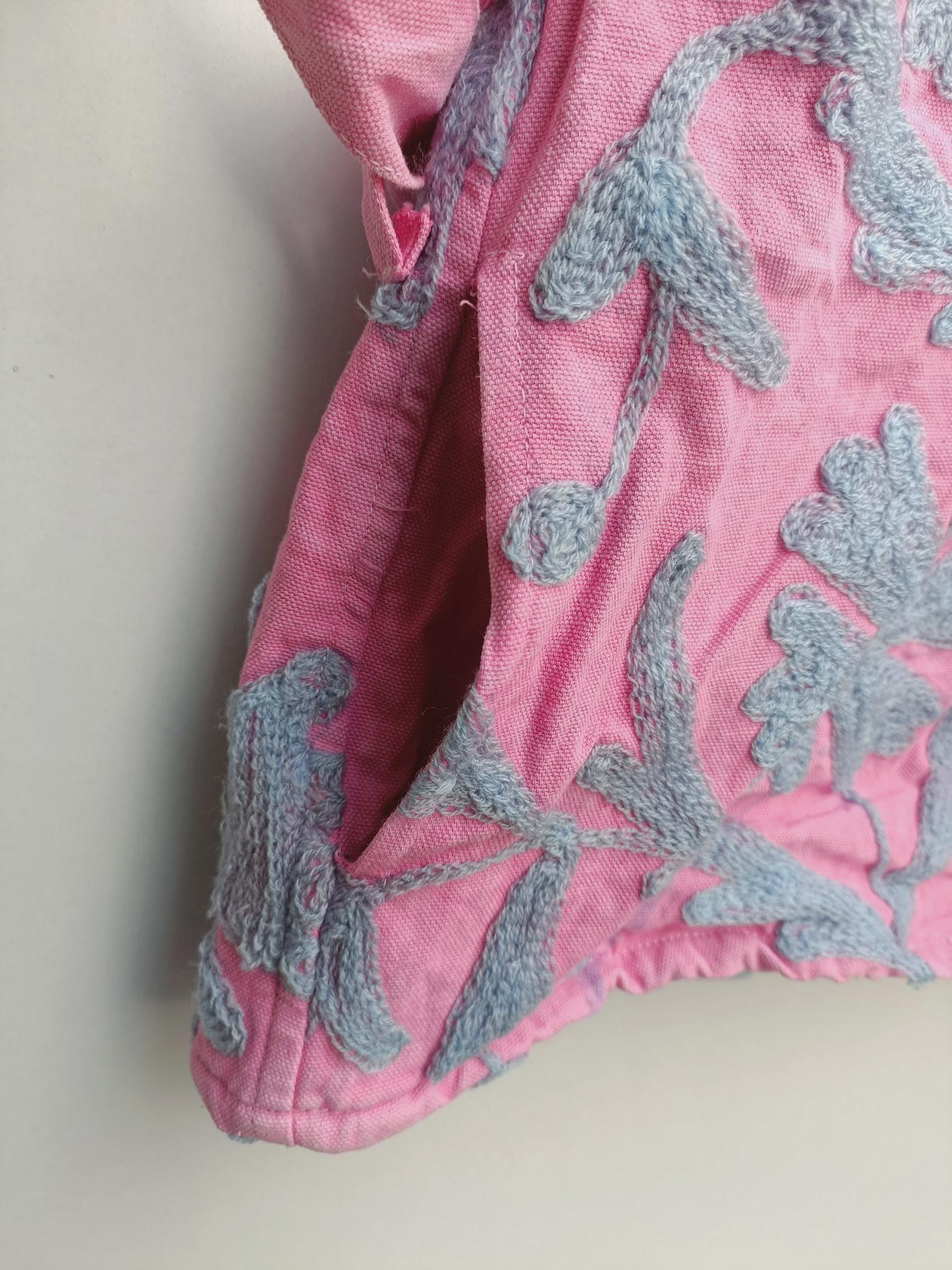 Velvet Suzani Embroidered Vest with Belt – Pink & Blue Boho Festival Waistcoat | Handmade Ethnic Jacket | Sleeveless Bohemian Layer