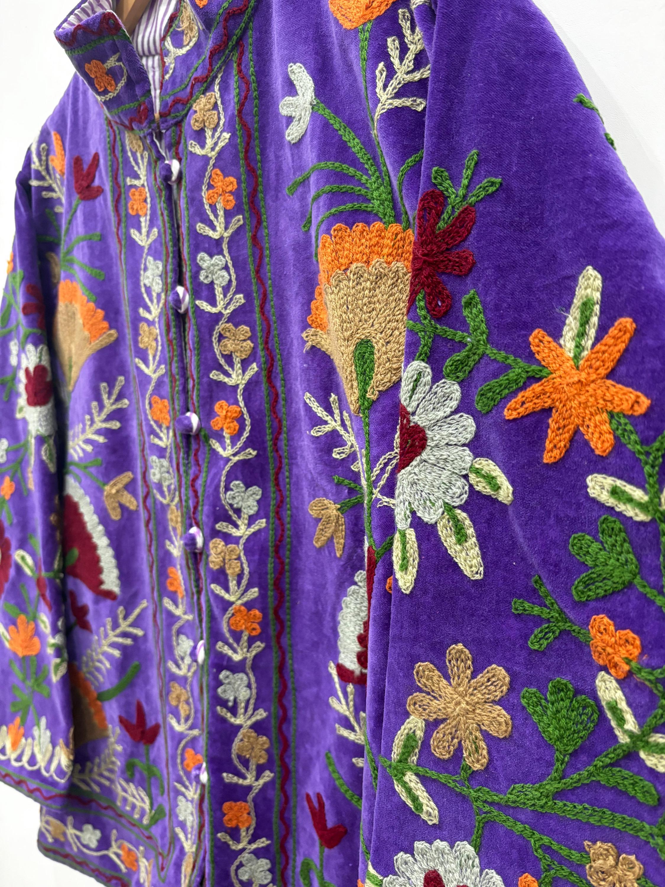 Purple Suzani Embroidery Jacket Batton Coat, Winter Suzani Jacket, Velvet Kimono Coat, Suzani Coat, Outerwear, Travel Jacket, Gift For Her