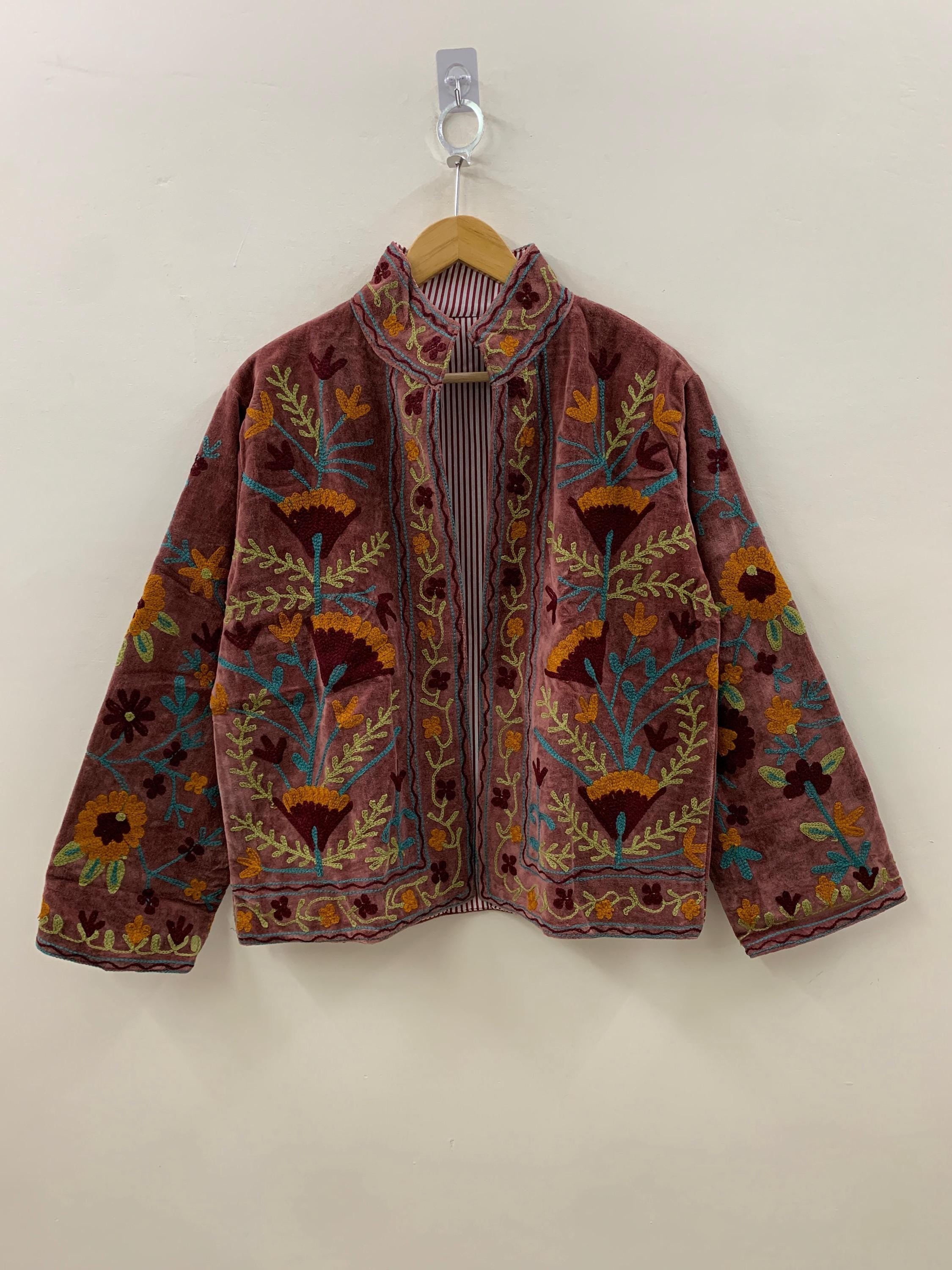 Suzani Embroidered Velvet Winter Jacket | Handmade Short Festival Coat | Ethnic Bohemian Outerwear | Winter Kimono Jacket | Gift For Wife