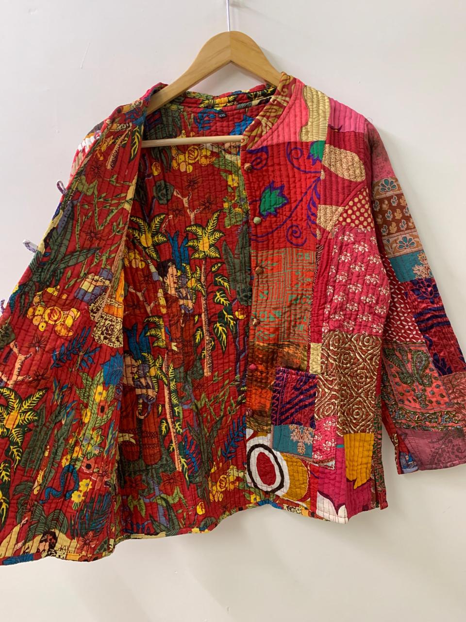 Pure Silk Reversible Patchwork Jacket | Kantha Blazer | Buttoned Quilted Coat |Handmade Vintage Fabric Jacket |Bohemian Outerwear |Gift idea