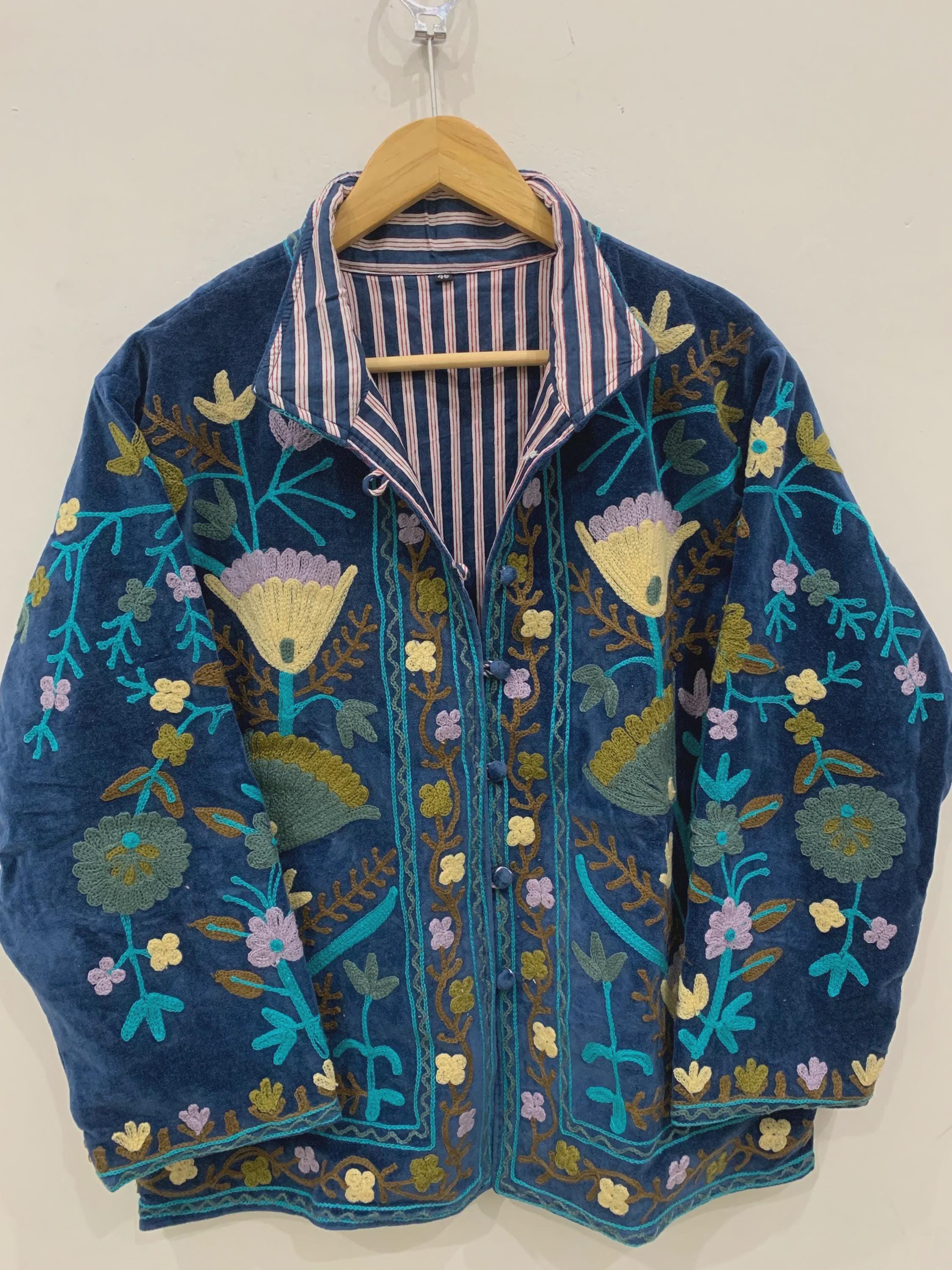 Vintage Velvet Suzani Jacket | Floral Embroidered Jacket | Winter Kimono Jacket | Winter Warm Coat | Handmade Jacket | Gift for Her
