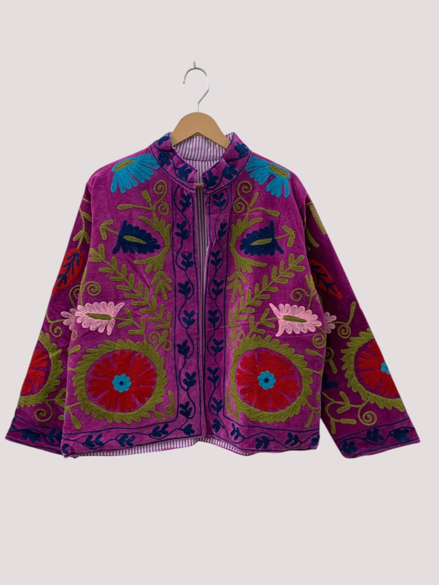 Pink Suzani Velvet Short Boho Jacket | Indian Embroidery Jacket |Winter Wear Women's Jacket Coat | Suzani Coat | Gift For Her |Duster Jacket
