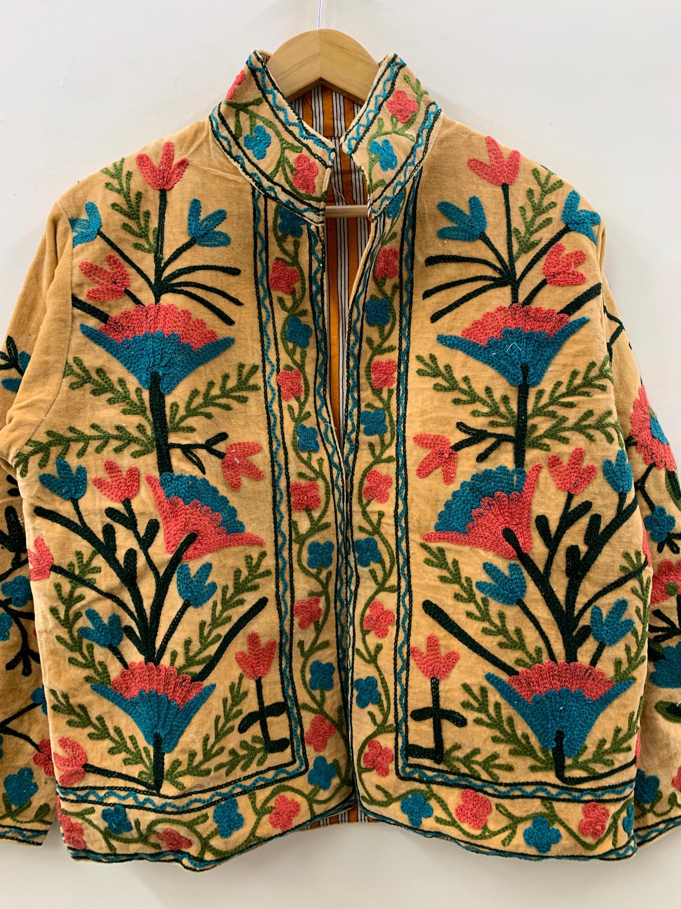Mustard Suzani Velvet Jacket for Women | Handmade Vintage Button Coat | Short Ethnic Boho Bomber | Spring Outerwear | Gift for Her
