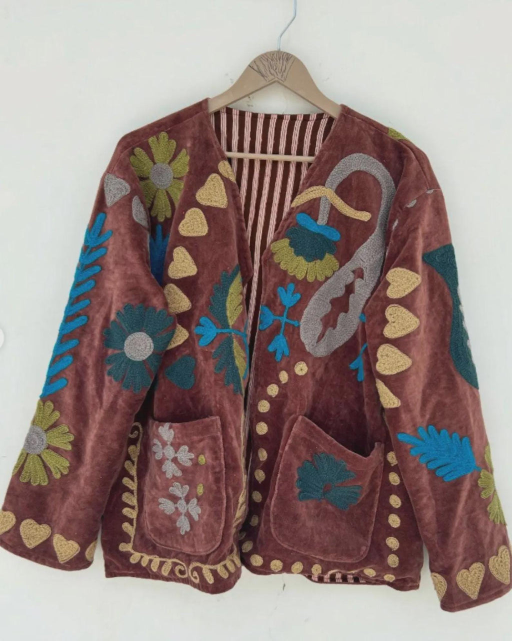 Brown Velvet Boho Suzani Jacket | Hand Embroidered Kimono | Winter Jacket Women | Unisex Outerwear | Vintage Style Coat | Gift for Her