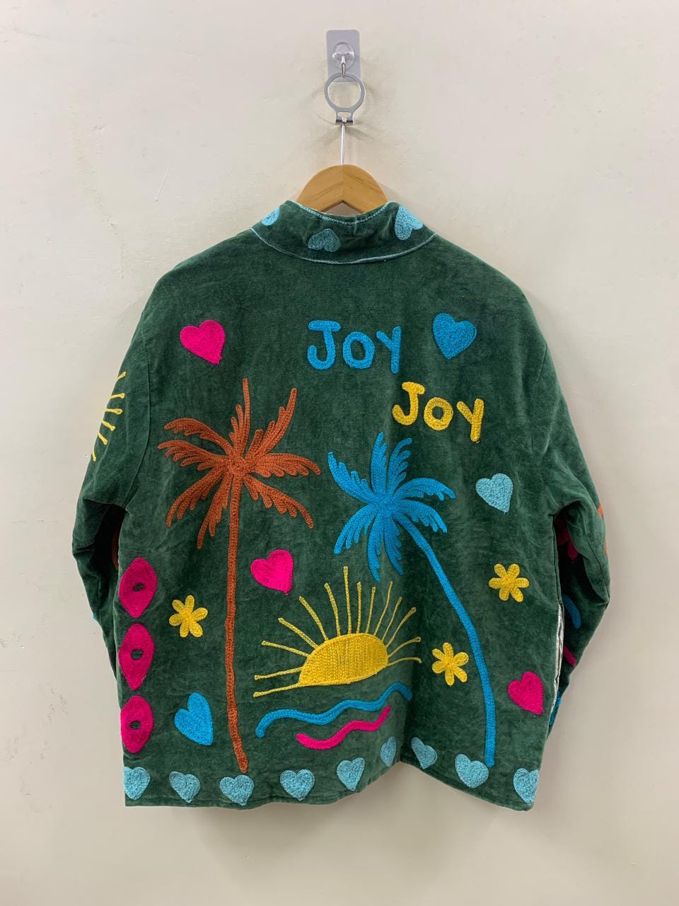Green Velvet Suzani Short Spring Jacket |Embroidered Statement Coat | Sun, Palm, Moon & Heart Design | Colorful Festival Jacket |Duster Coat