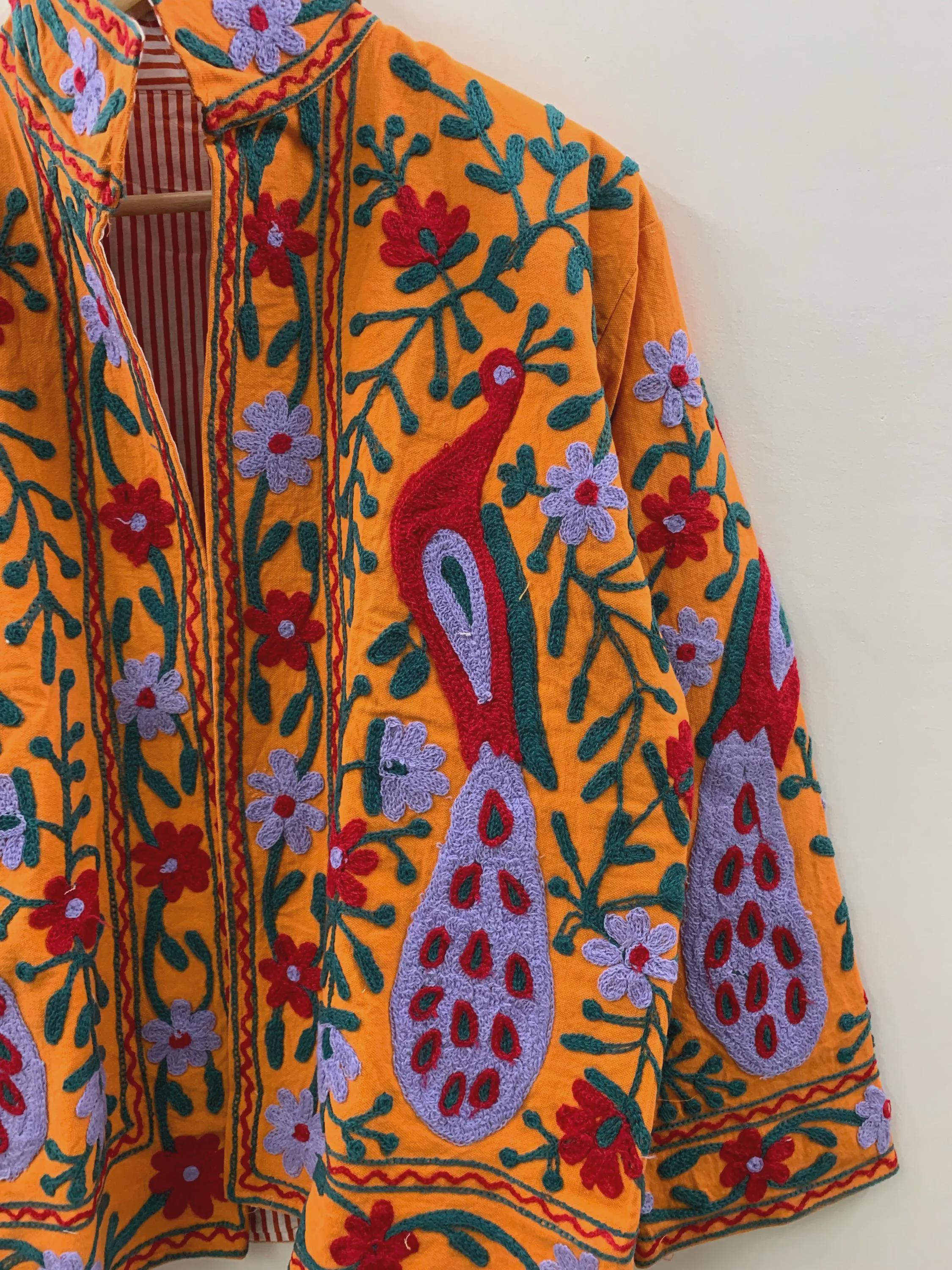 Handmade Cotton Suzani Jacket | Boho Embroidered Coat | Ethnic Floral Peacock Jacket | Colorful Festival Clothing | Bohemian Outerwear |Gift