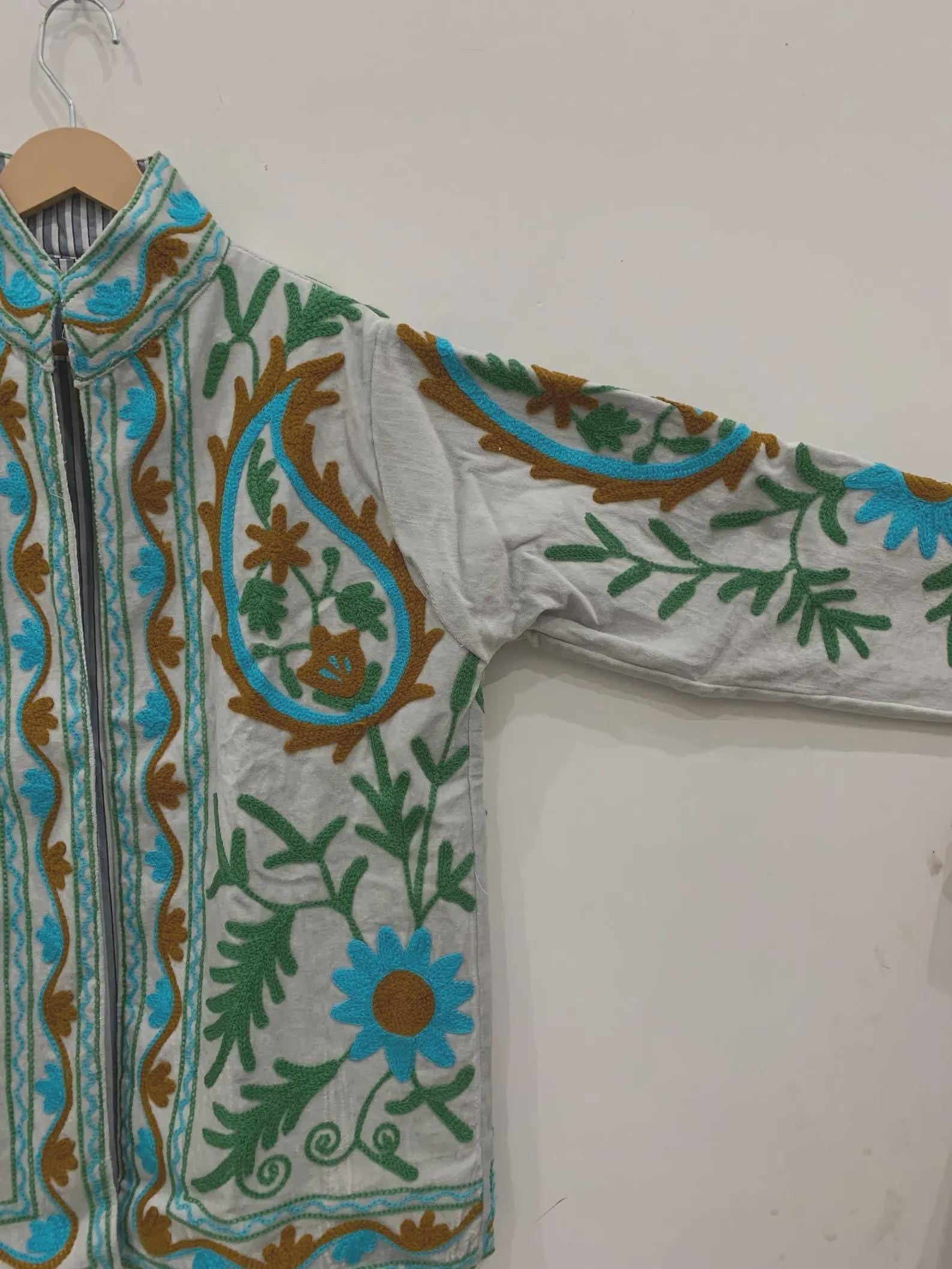 GreyTraditional Suzani Velvet Jacket | Embroidered Bohemian Winter Coat | Ethnic Short Kimono Outerwear | Gift for Women