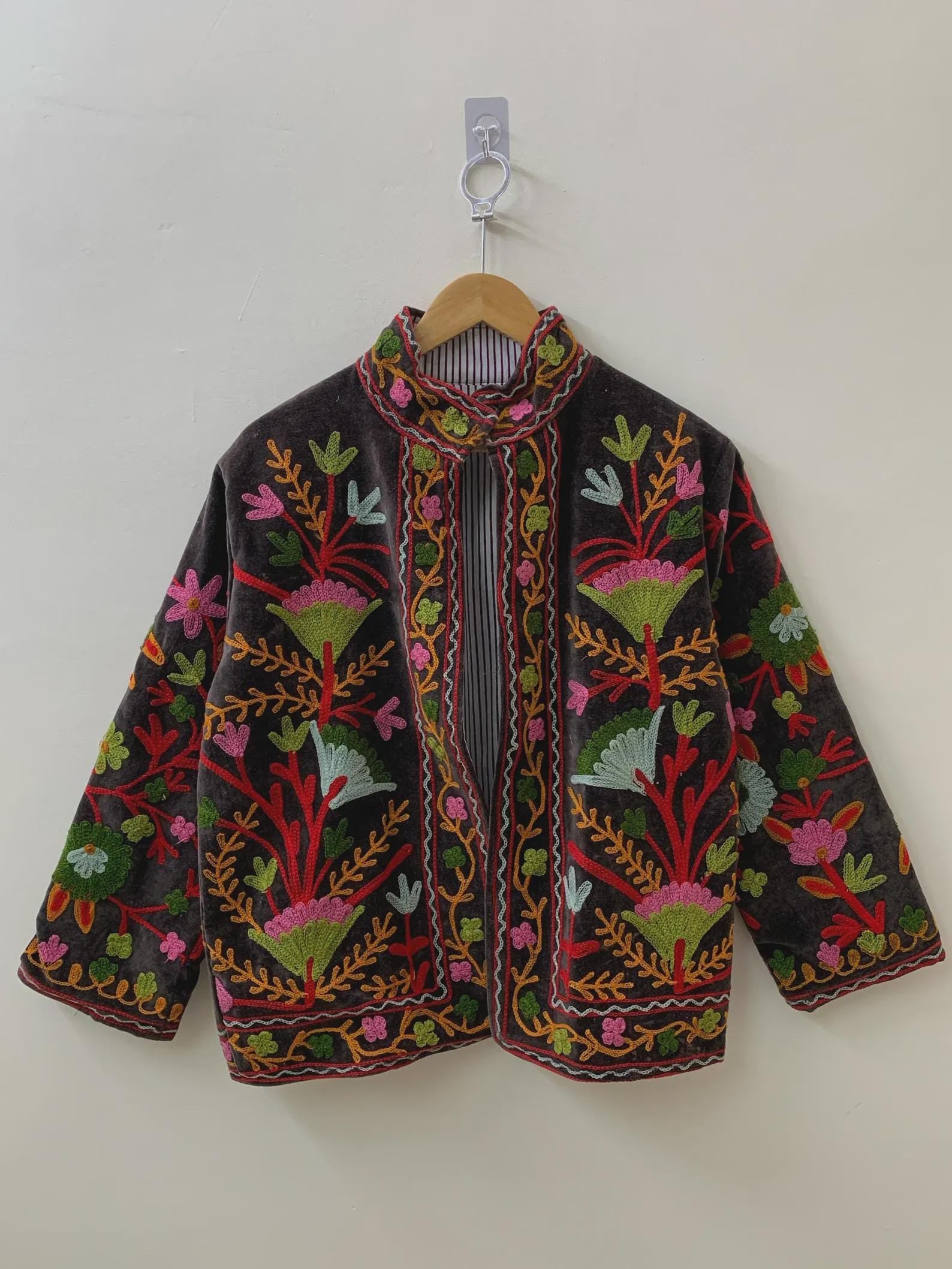 Suzani Embroidered Velvet Winter Jacket | Handmade Short Festival Coat | Ethnic Bohemian Outerwear | Winter Kimono Jacket | Gift For Wife
