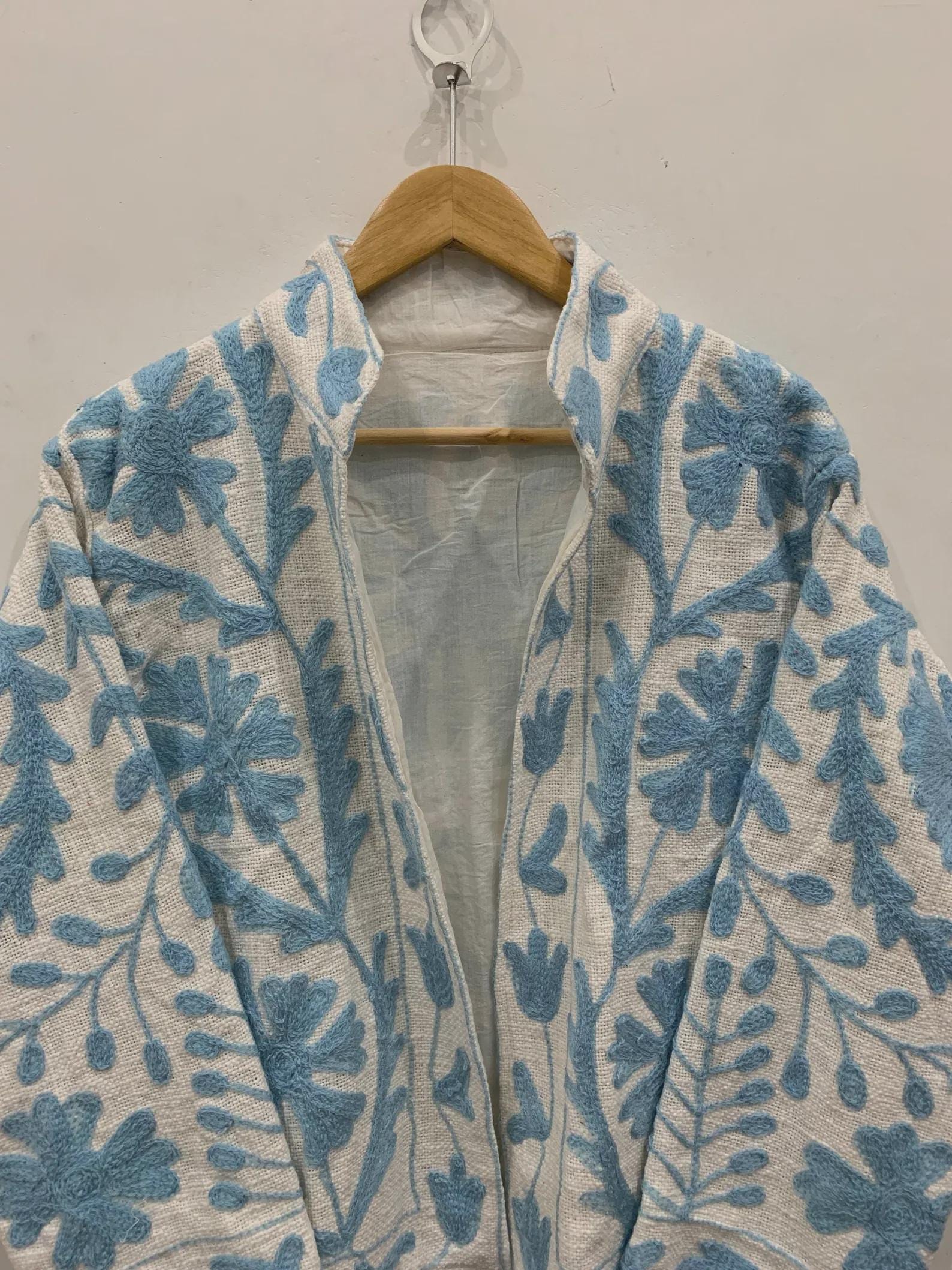 Women's Suzani Cotton Short Duster Coat, Indian Cotton Handmade Embroidery Coat, Suzani Cotton Boho Jacket, Gift For Her, Boho Suzani Coat