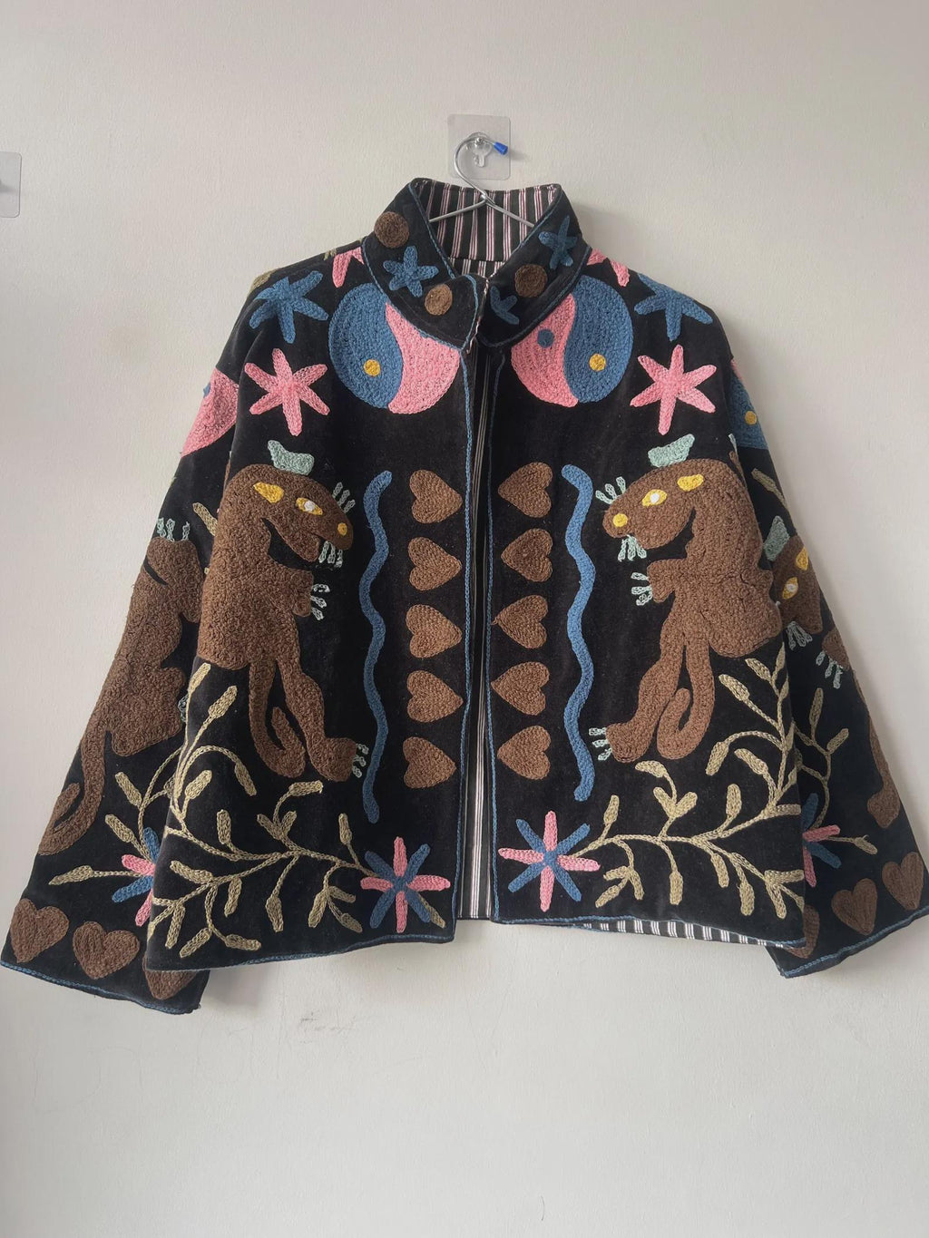 Black Handmade Suzani Embroidered Velvet Jacket | Bohemian Festival Coat