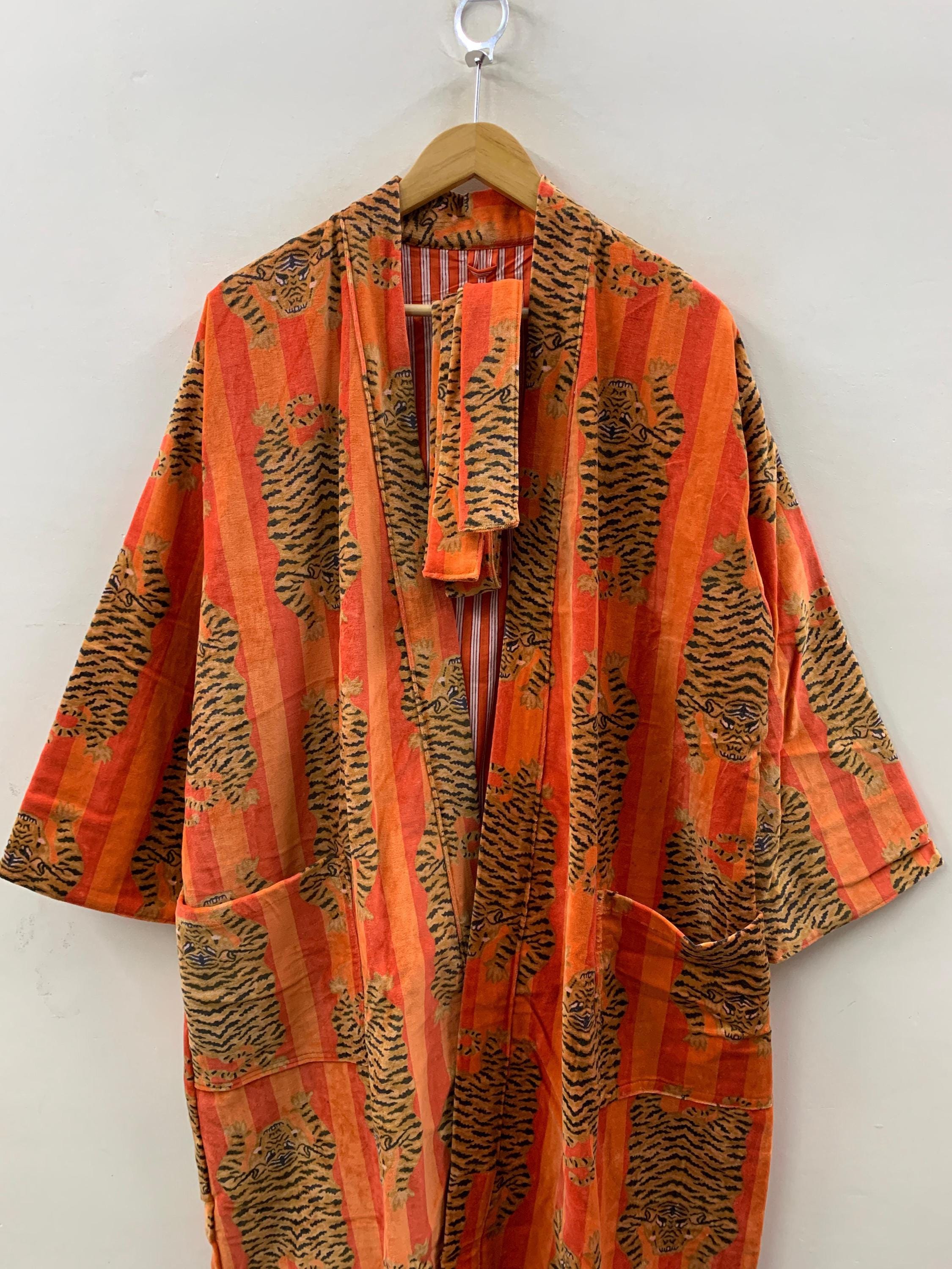 Orange Leopard Velvet Winter Kimono Robe | Bold Animal Print Loungewear | Boho Statement Robe | Warm Dressing Gown | Winter Resort Wear