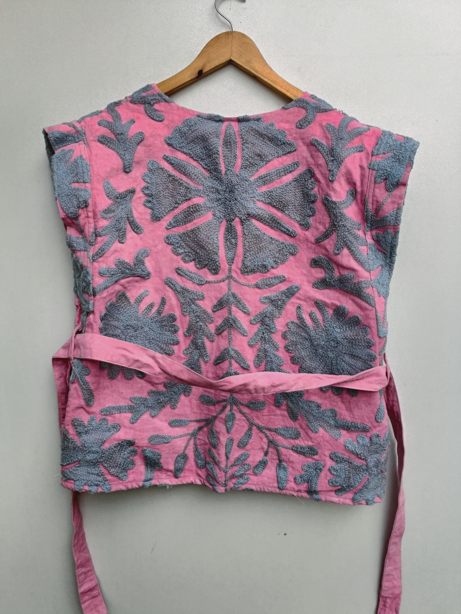 Velvet Suzani Embroidered Vest with Belt – Pink & Blue Boho Festival Waistcoat | Handmade Ethnic Jacket | Sleeveless Bohemian Layer