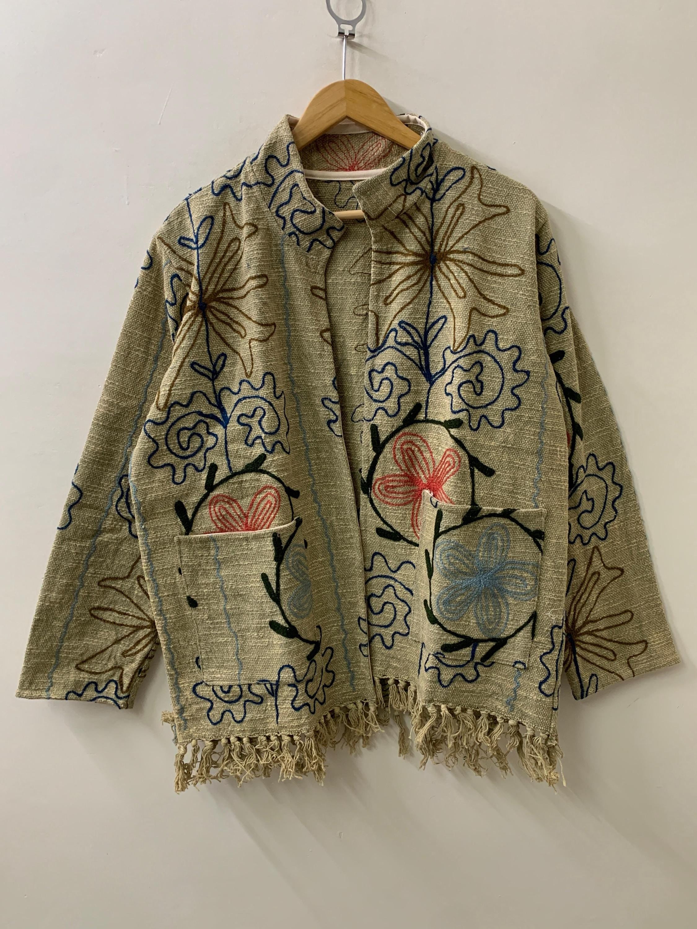 Vintage Style Ethnic Embroidered Cotton Suzani Kimono | Boho Throw Shrug | Tribal Spring Coat | Artisan Duster Jacket
