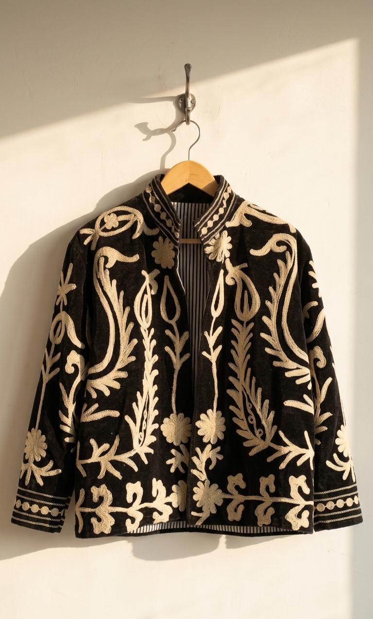 Black Suzani Embroidered Velvet Winter Jacket | Short Festival Coat | Ethnic Bohemian Outerwear | Winter Kimono Jacket | Gift For Wife