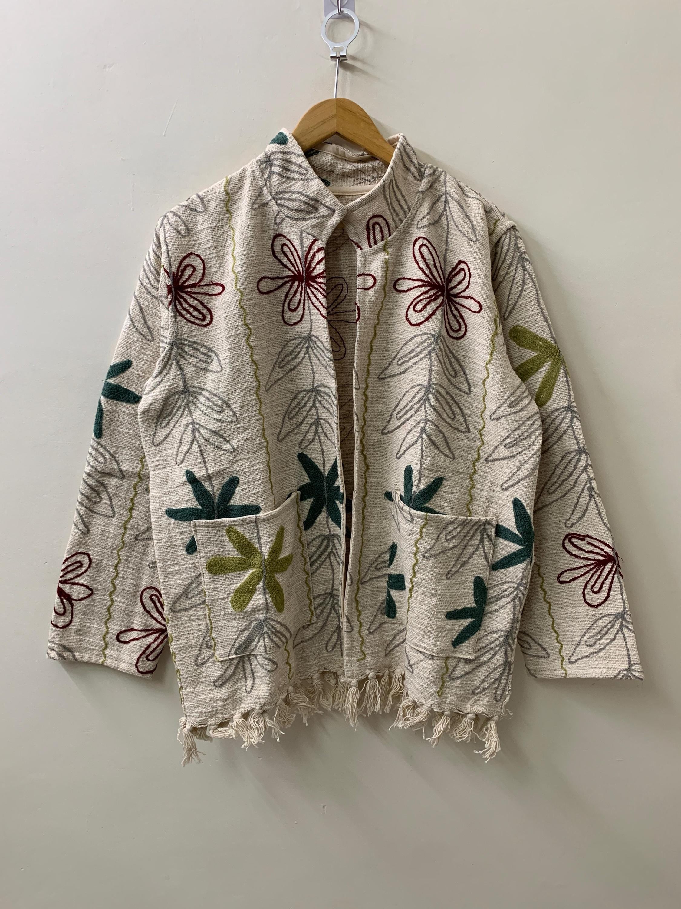 Ethnic Embroidered Cotton Suzani Throw Kimono | Boho Suzani Shrug | Tribal Spring Coat | Boho Outerwear Duster Jacket