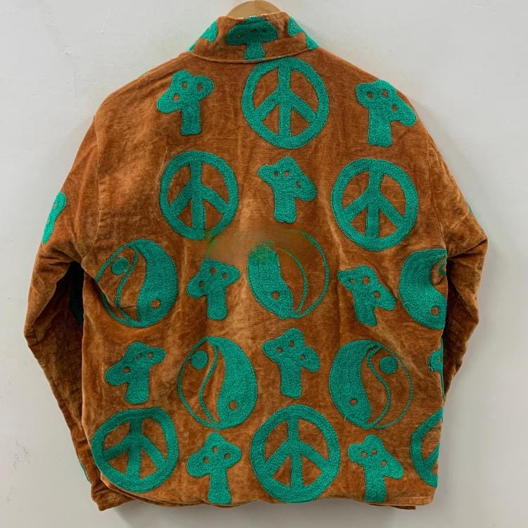 Mustard Velvet Suzani Short Jacket | Boho Embroidered Coat with Peace & Yin-Yang Motifs | Gift For Her |Winter Jacket |Ethnic Artisan Jacket