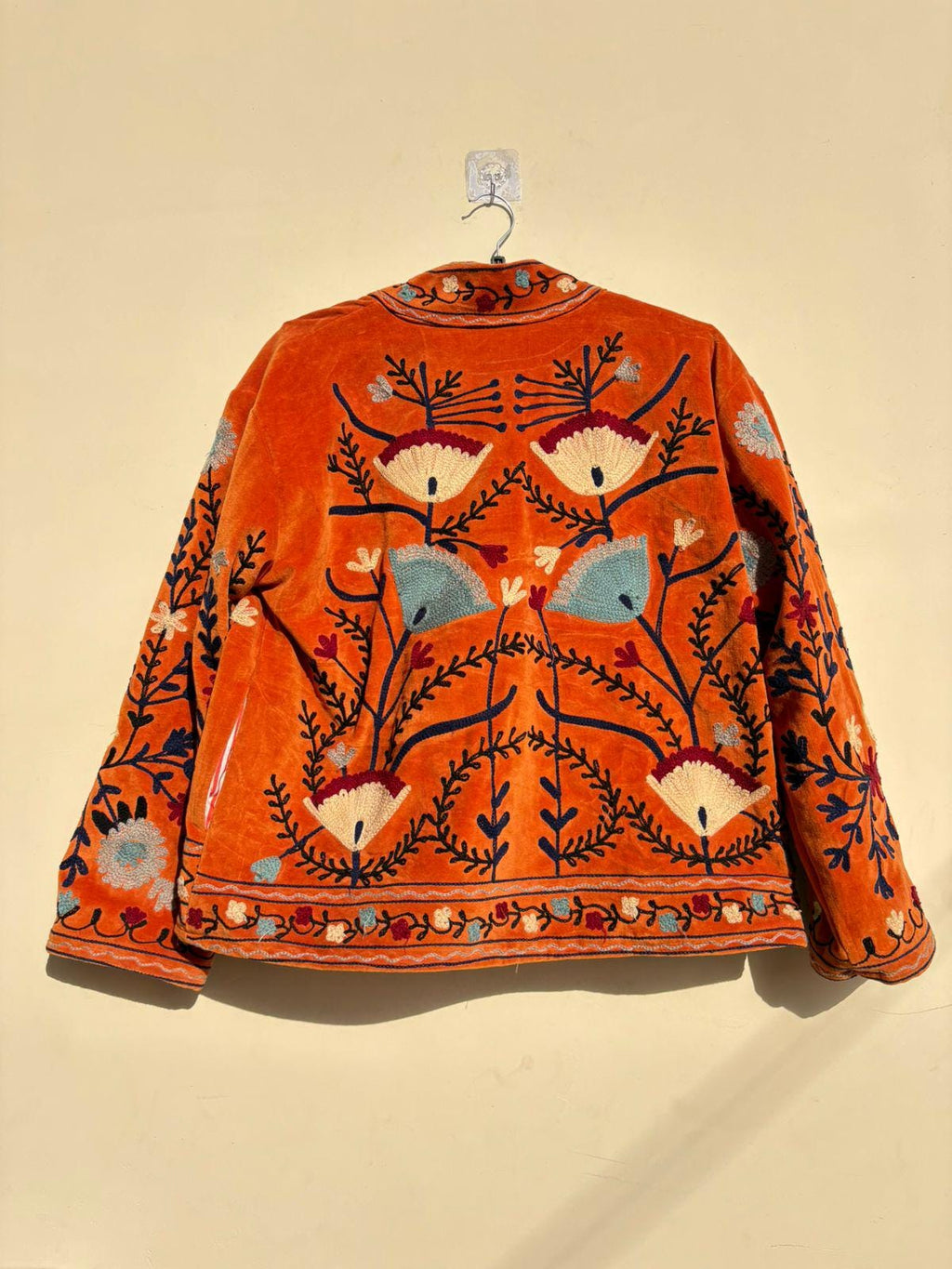 Orange Suzani Embroidered Velvet Jacket | Boho Coat | Ethnic Kimono Jacket | Warm Winter Outerwear | Gift for Her | Cropped Kimono Jacket