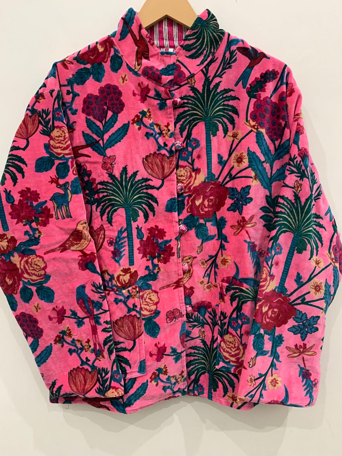 Pink Floral Print Velvet Short Jacket |Front Open Button Jacket | Duster Jacket, Quilted Bomber Coat, Outerwear, Travel Jacket, Gift For Her