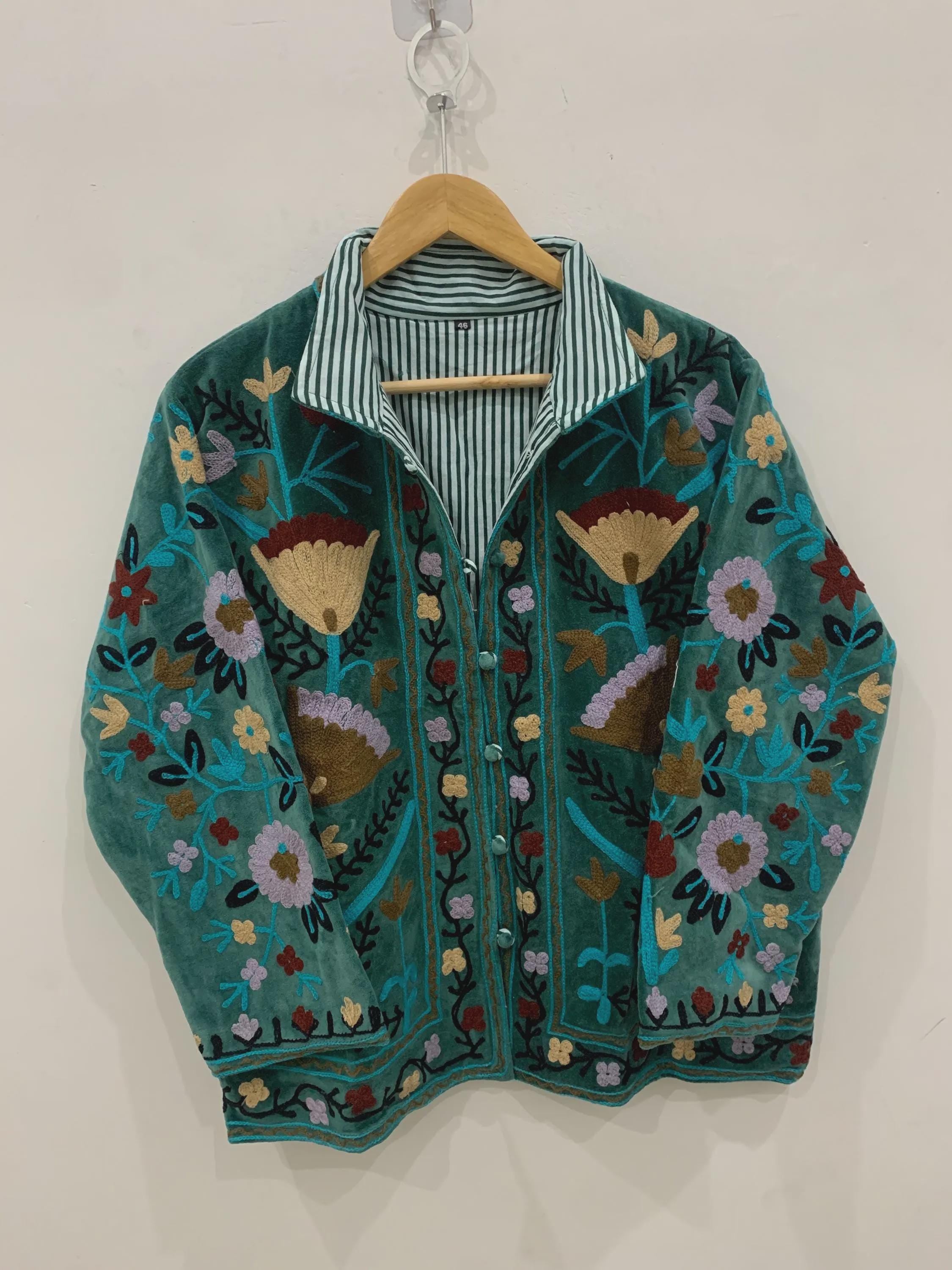 Green Velvet Suzani Embroidered Jacket | Partywear Tailored Jacket |Bomber Coat | Hippie Jacket | Style Coat | Gift For Her |Winter Coat