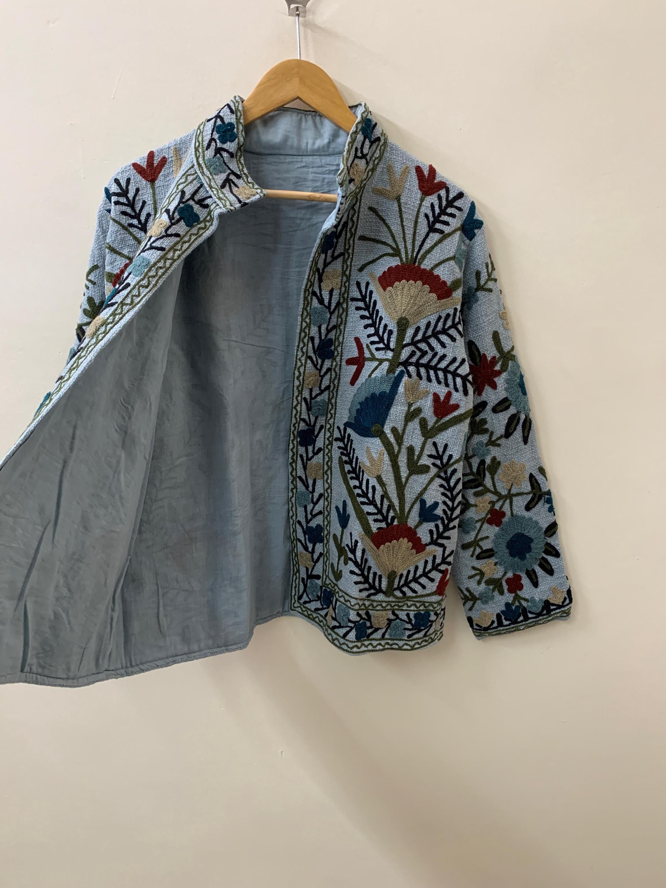 Grey Suzani TNT Fabric Short Spring Jacket | Duster TNT Jacket | Button Winter Outerwear Jacket |Spring Bomber Coat| Gift For Her | TNT Coat