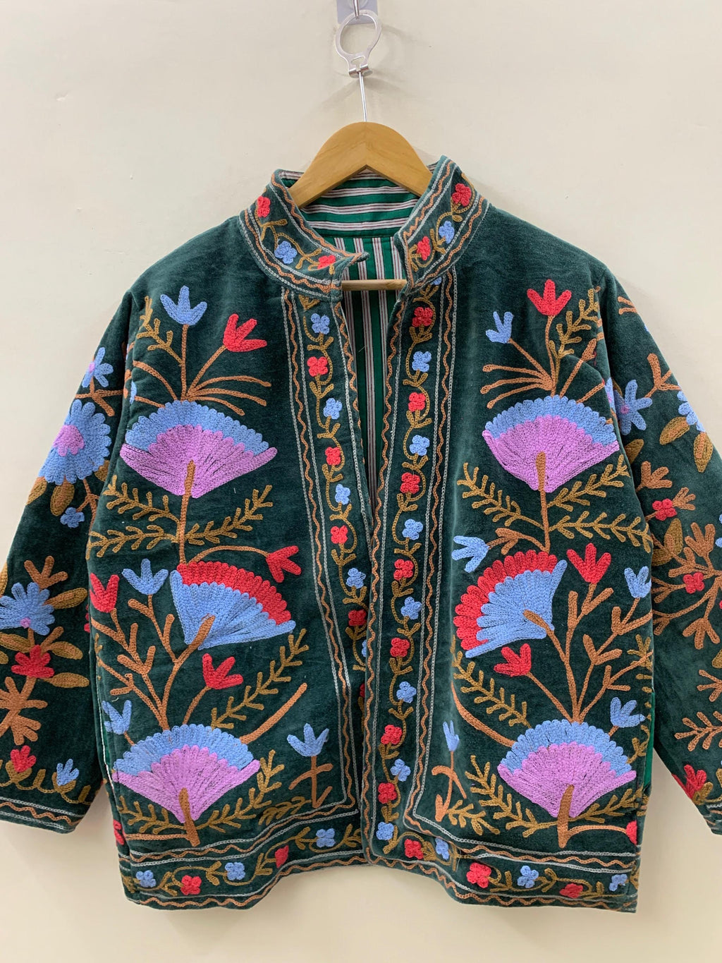 Green Suzani Embroidered Short Velvet Jacket |Festival Handmade Coat |Ethnic Artisan Outerwear | Bohemian Velvet Jacket for Women |Gift Idea