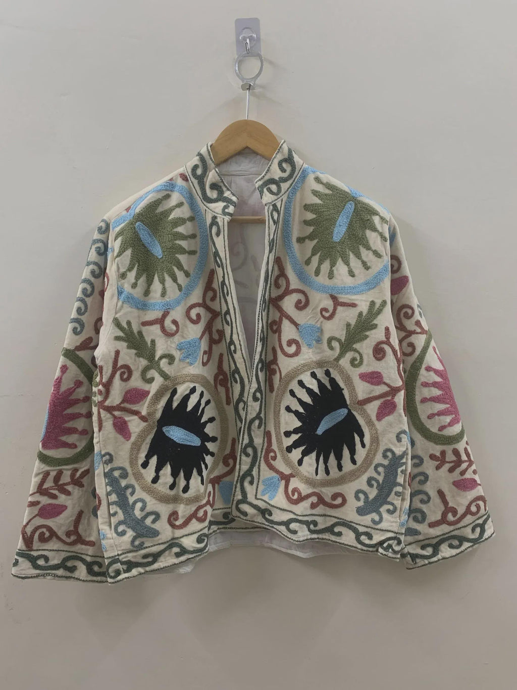 White Velvet Suzani Winter Short Jacket | Embroidered Coat | Women’s Velvet Jacket | Suzani Coat Robe | Boho Outerwear | Gift for Her