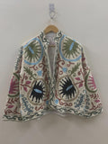 White Velvet Suzani Winter Short Jacket | Embroidered Coat | Women’s Velvet Jacket | Suzani Coat Robe | Boho Outerwear | Gift for Her