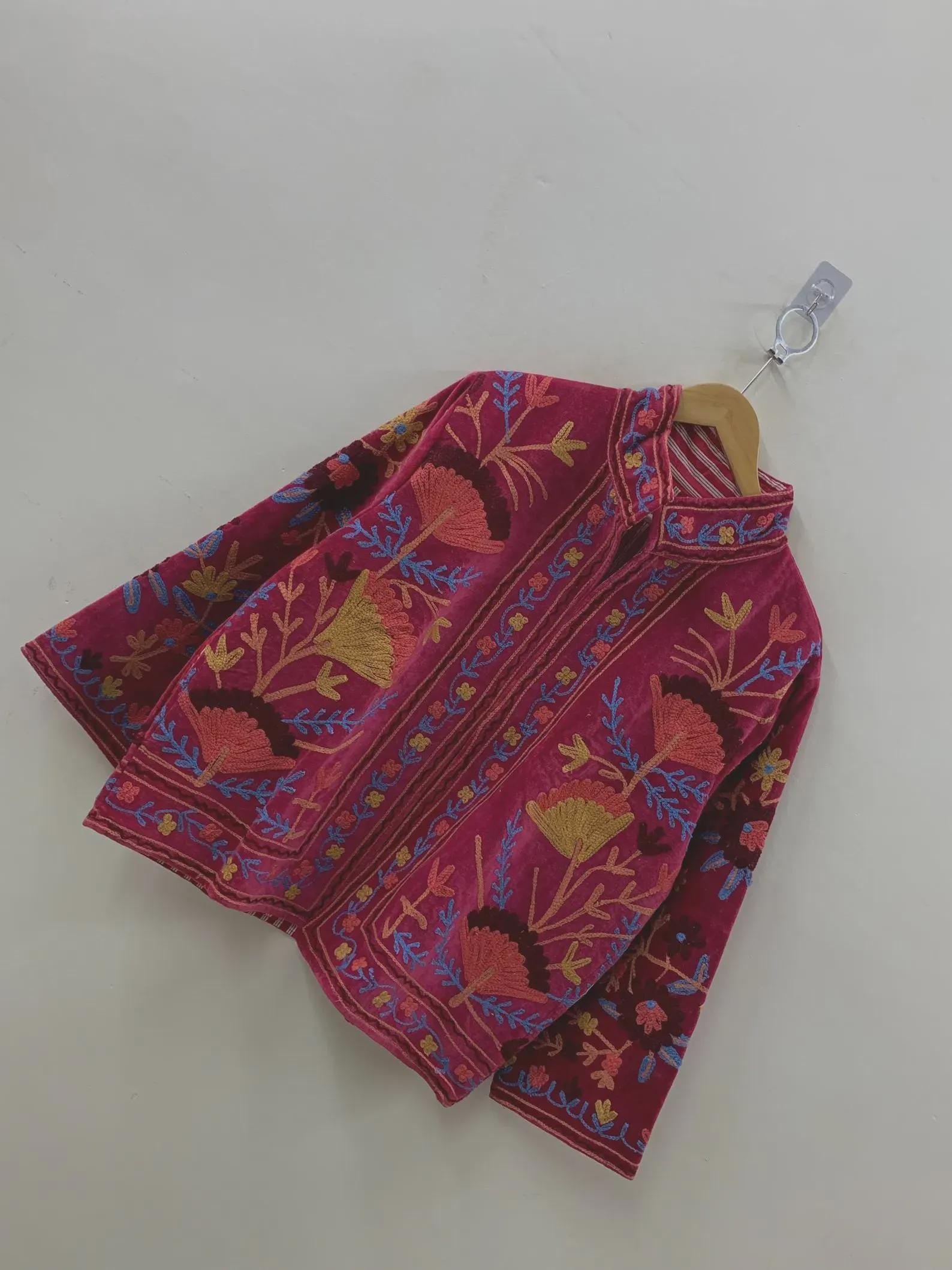 Ethnic Suzani Velvet Short Boho Jacket | Vintage Button Winter Coat | Short Jacket | Spring Bomber Jacket | Gift For Her | Suzani Pink Coat