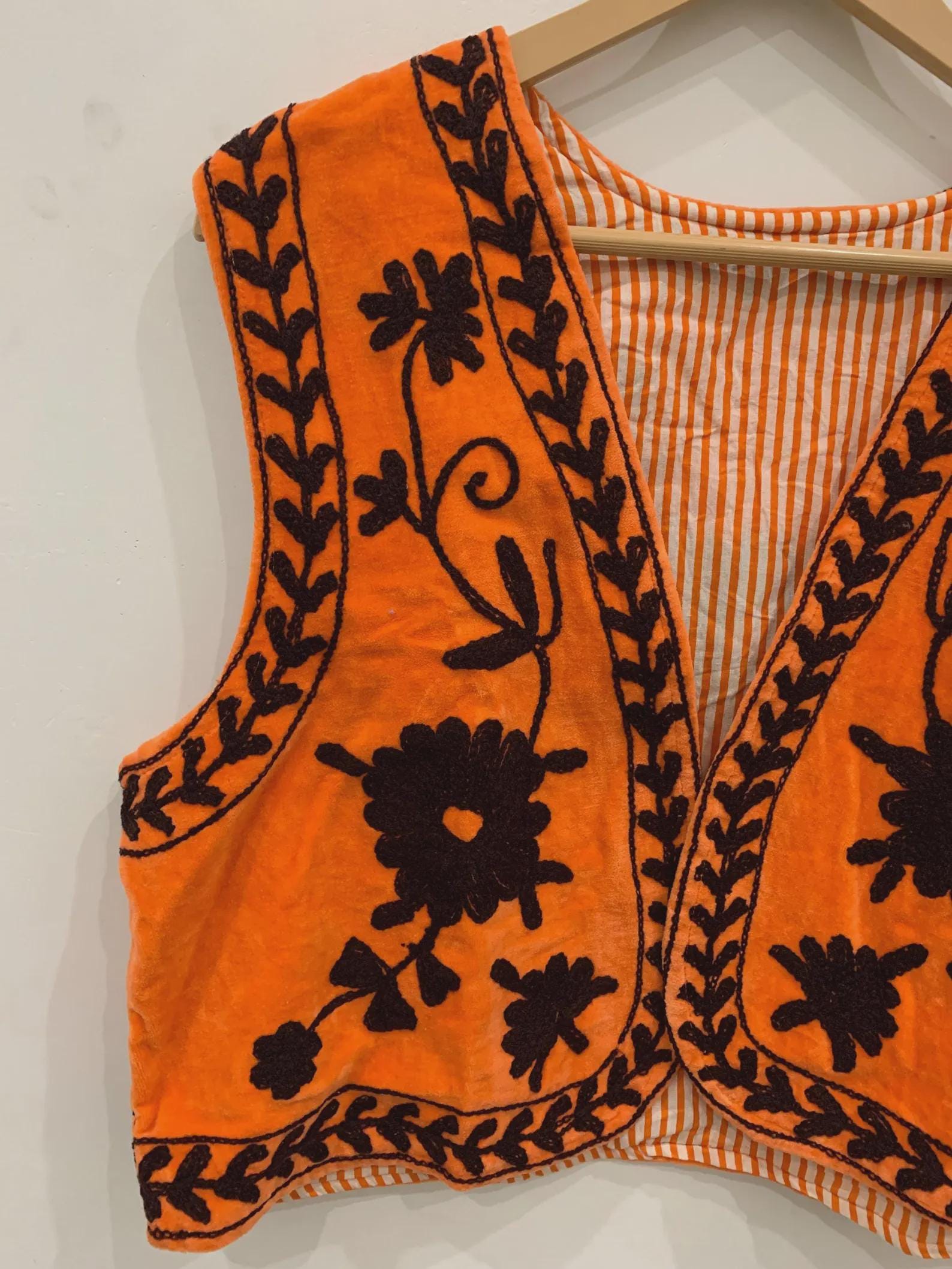 Orange Suzani Velvet Vest | Boho Embroidered Waistcoat | Vintage Floral Sleeveless Jacket | Festival Bohemian Layer | Ethnic Statement Vest