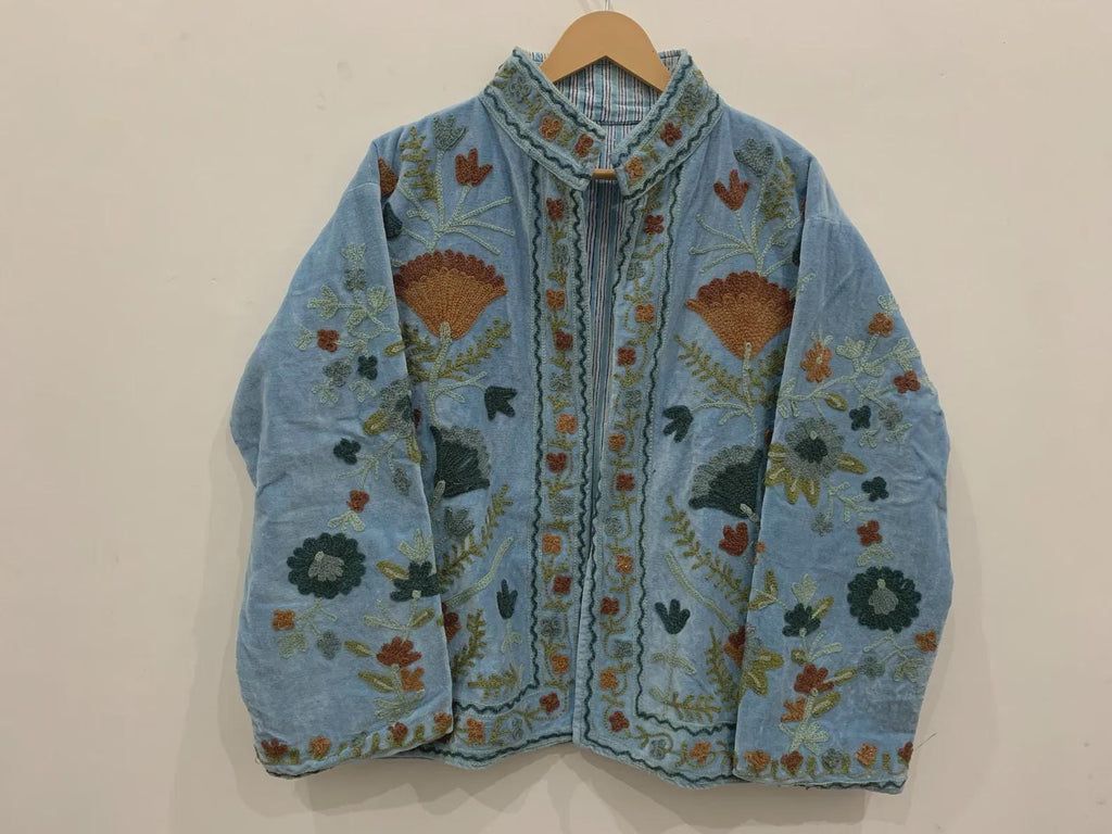 Grey Velvet Suzani Winter Winter Jacket | Handmade Velvet Jacket | Embroidered Jacket | Velvet Jacket | Suzani Coat| Gift For Her | One Size
